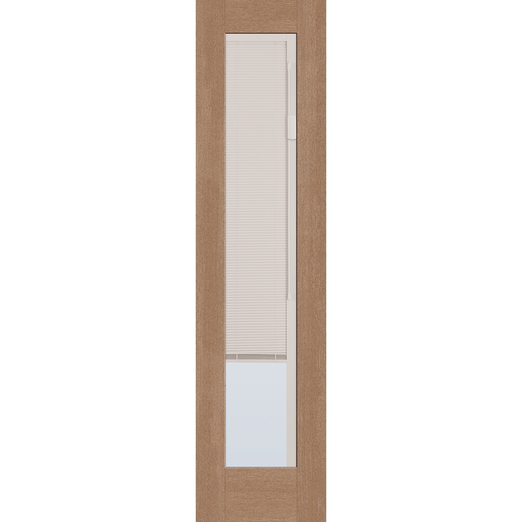 Raise & Lower Blinds flush glazed fiberglass entry door, full lite, 24" x 96", tan woodgrain finish, white blinds