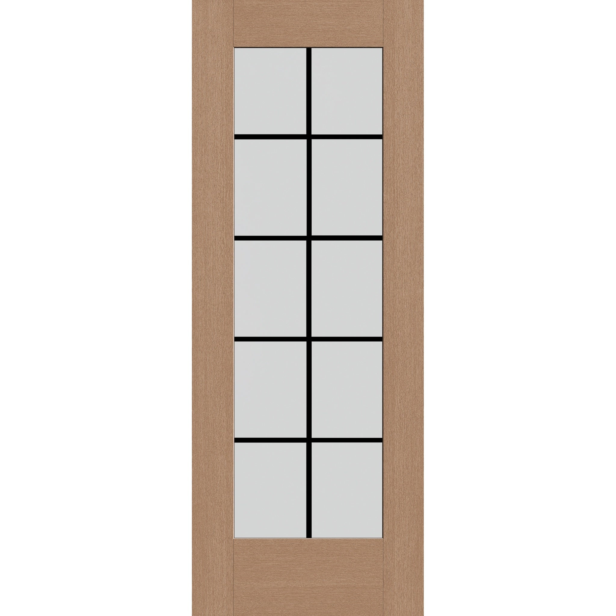 10 light grille flush glazed hurricane-rated fiberglass entry door, full lite, 30" x 80", tan woodgrain finish, black grilles between glass