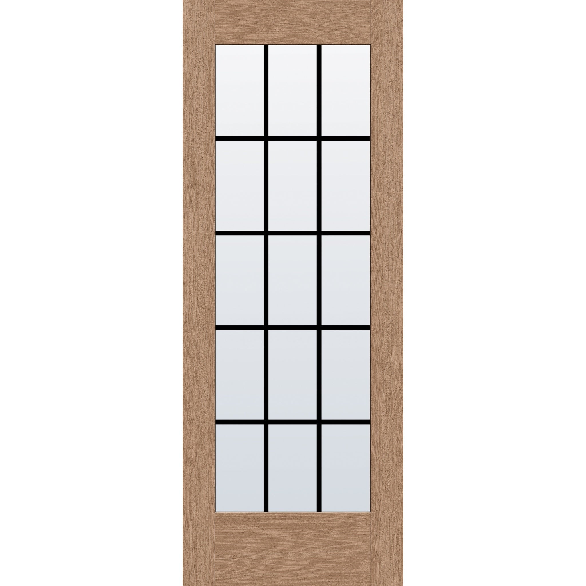 15 light grille flush glazed fiberglass entry door, full lite, 30" x 80", tan woodgrain finish, black grilles between glass