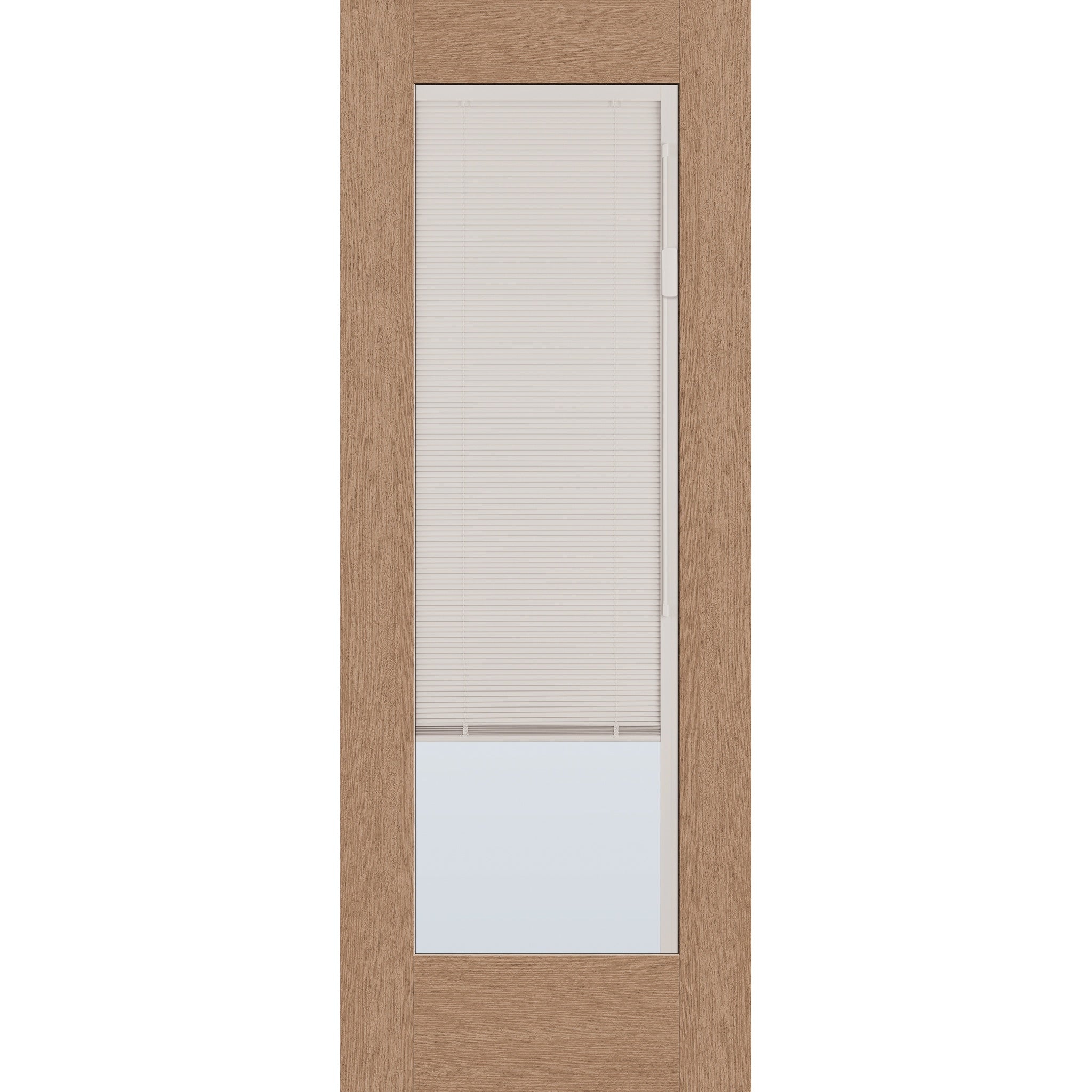 Raise & Lower Blinds flush glazed fiberglass entry door, full lite, 30" x 80", tan woodgrain finish, white blinds
