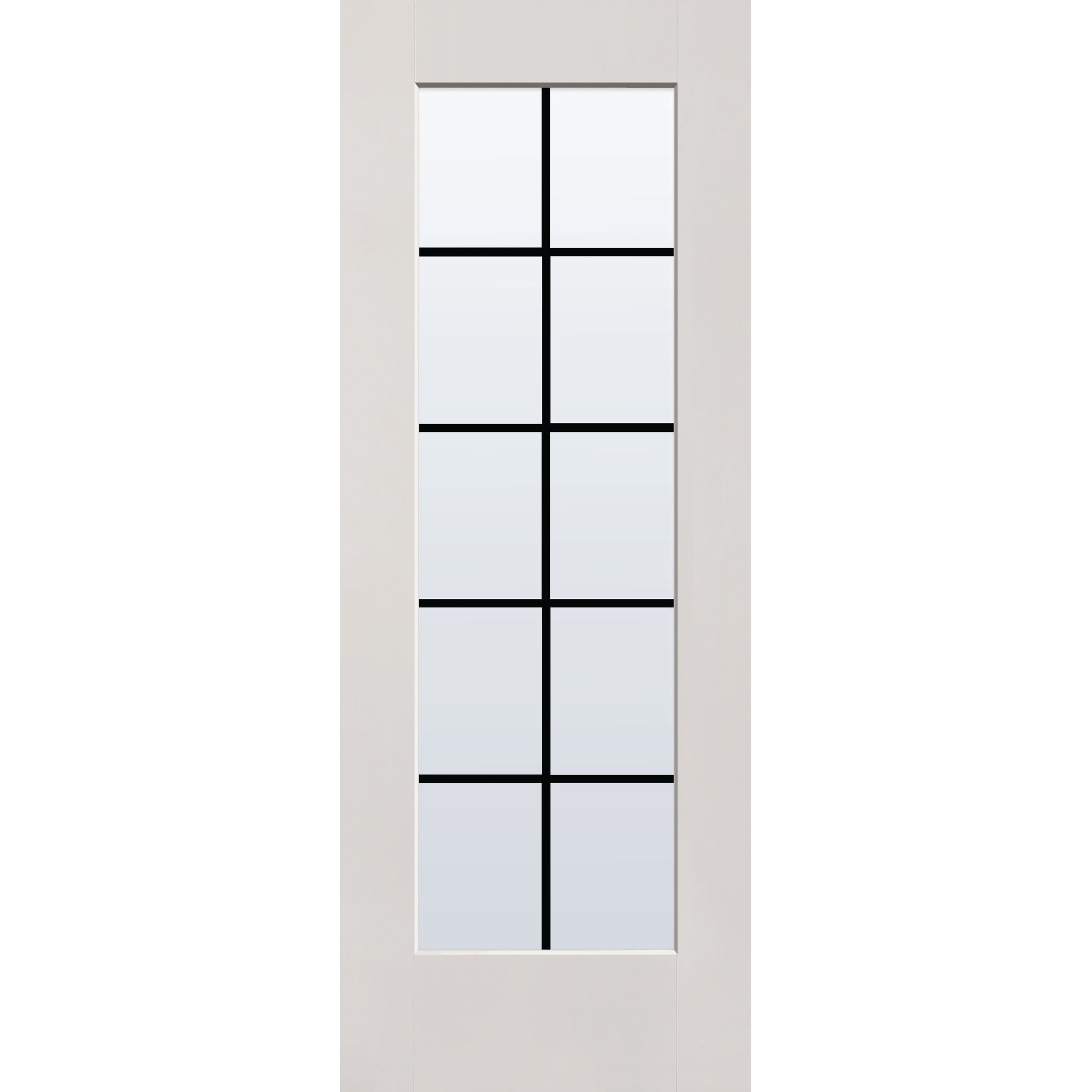 10 light grille flush glazed hurricane-rated fiberglass entry door, full lite, 30" x 80", white satin smooth finish, black grilles between glass