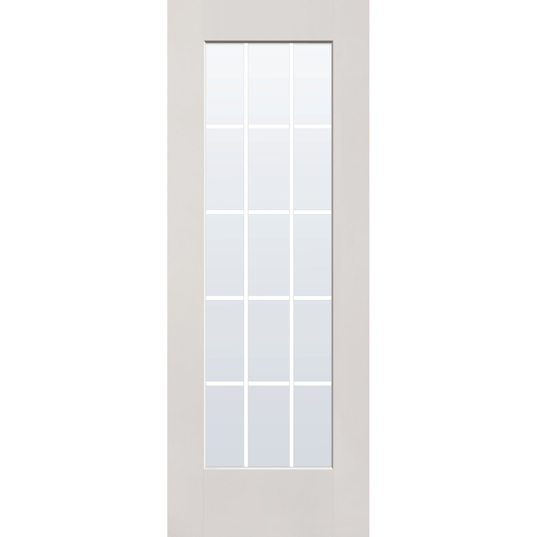 15 light grille flush glazed hurricane-rated fiberglass entry door, full lite, 30" x 80", white satin smooth finish, white grilles between glass