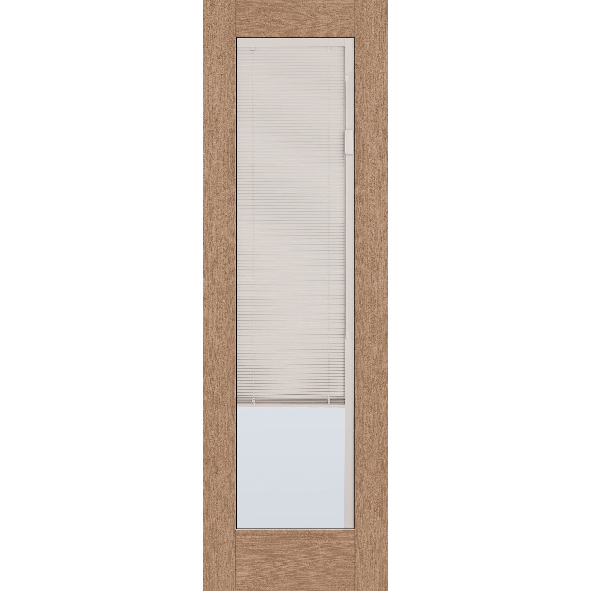 Raise & Lower Blinds flush glazed fiberglass entry door, full lite, 30" x 96", tan woodgrain finish, white blinds