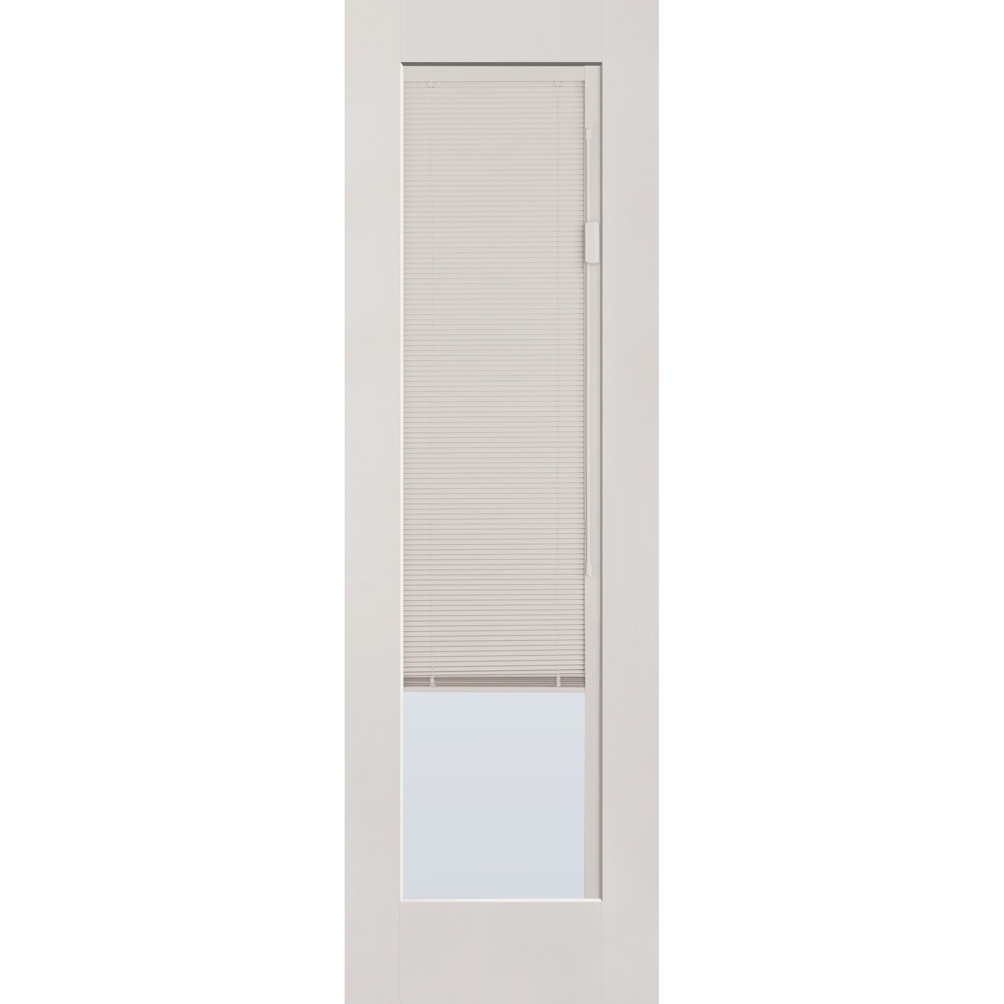 Raise & Lower Blinds flush glazed fiberglass entry door, full lite, 30" x 96", white satin smooth finish, white blinds