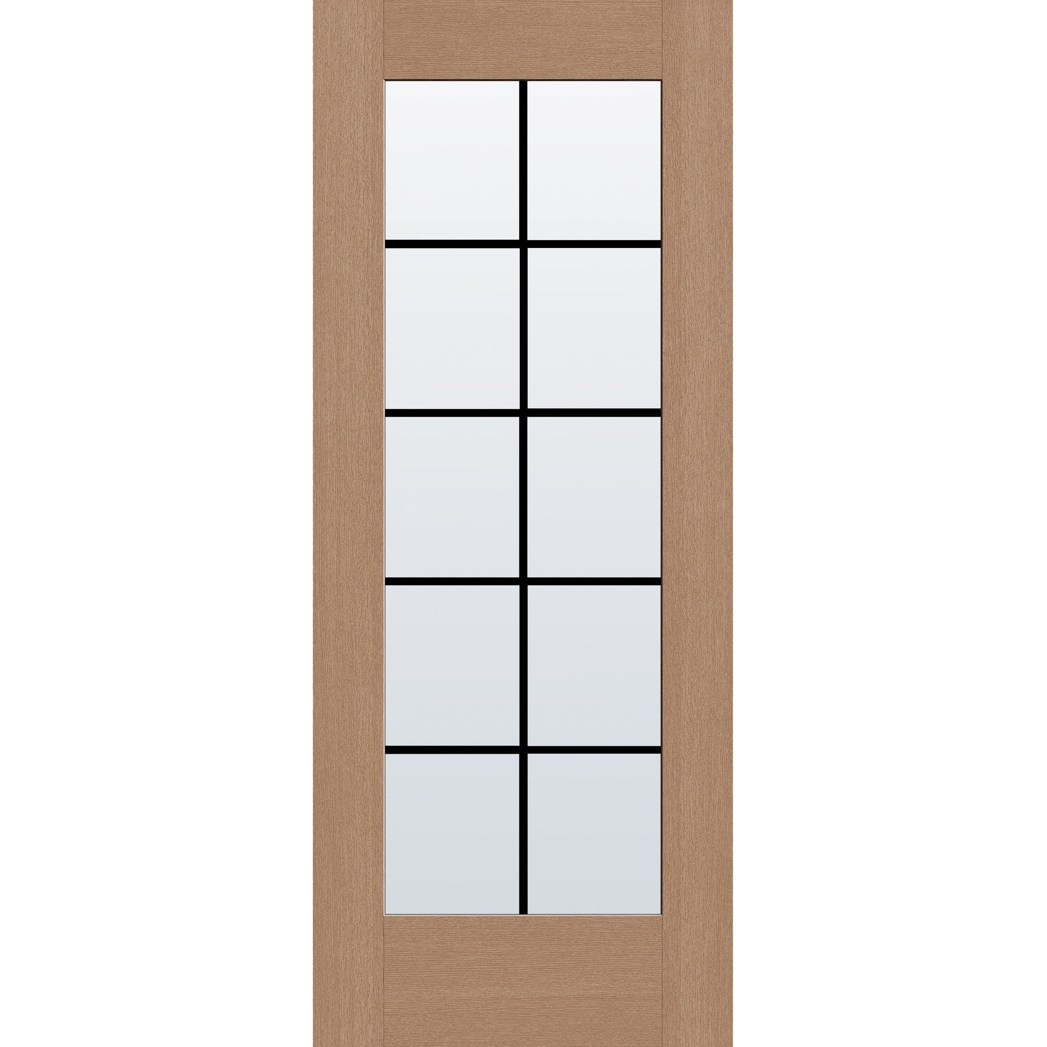 10 light grille flush glazed fiberglass entry door, full lite, 32" x 80", tan woodgrain finish, black grilles between glass