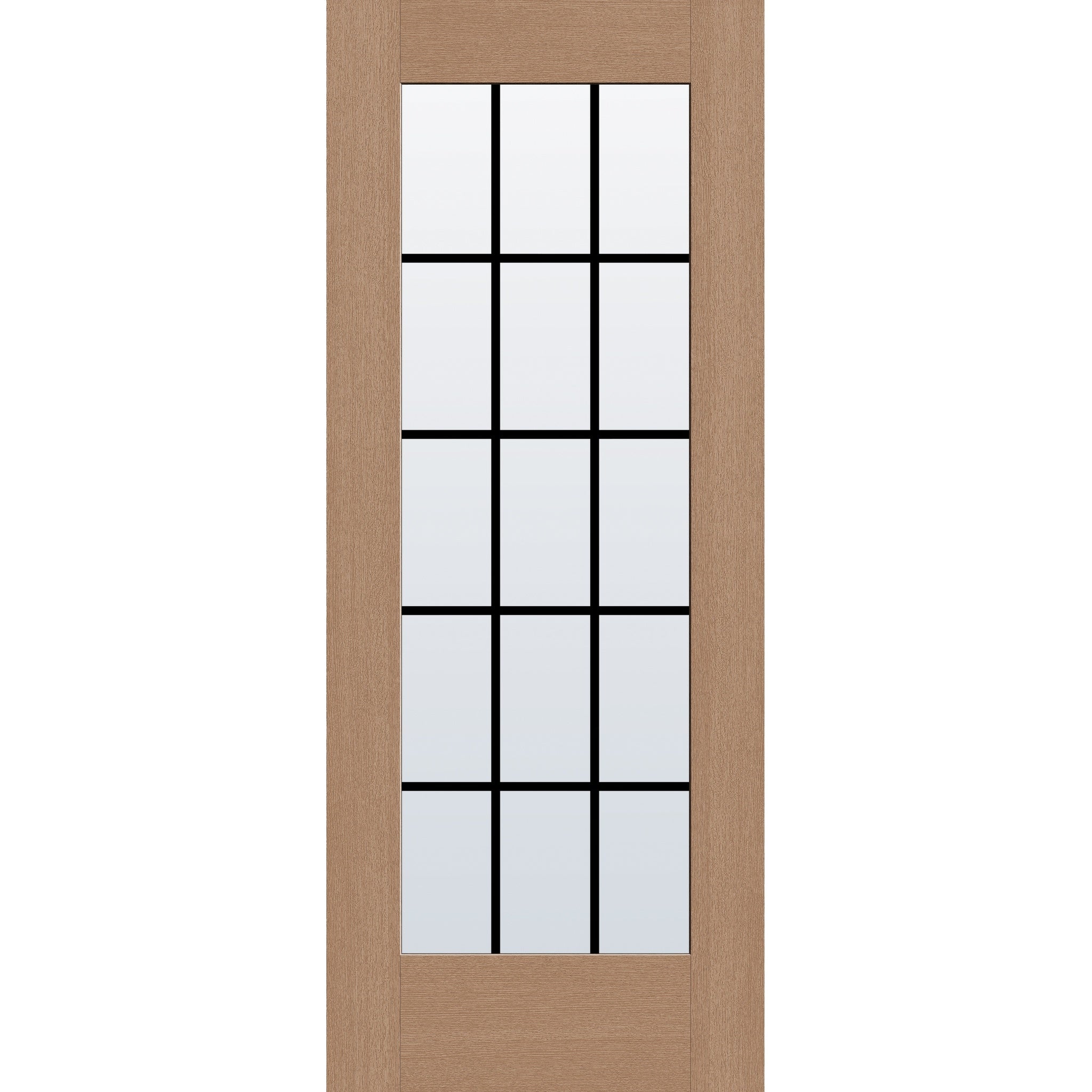 15 light grille flush glazed fiberglass entry door, full lite, 32" x 80", tan woodgrain finish, black grilles between glass