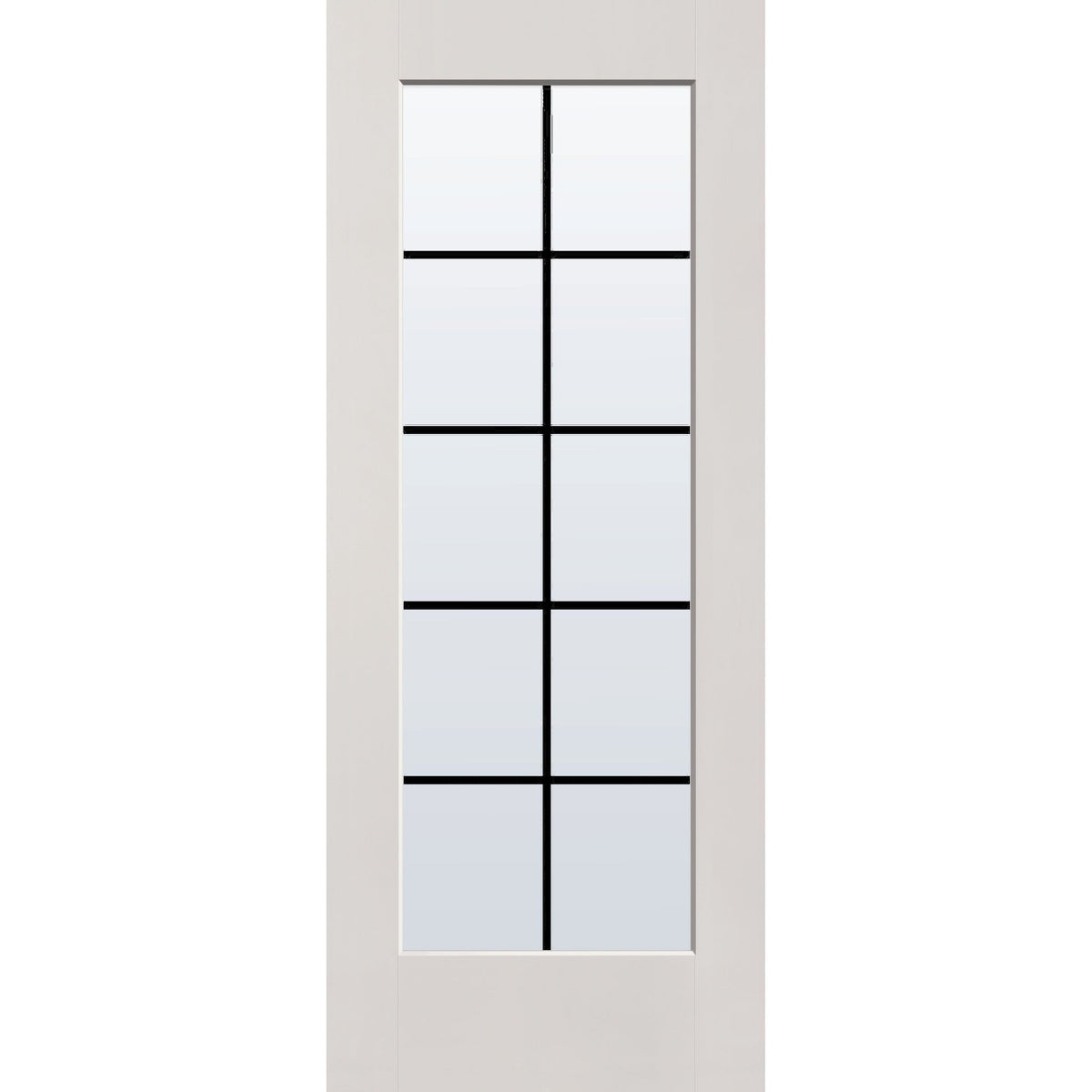 10 light grille flush glazed hurricane-rated fiberglass entry door, full lite, 32" x 80", white satin smooth finish, black grilles between glass