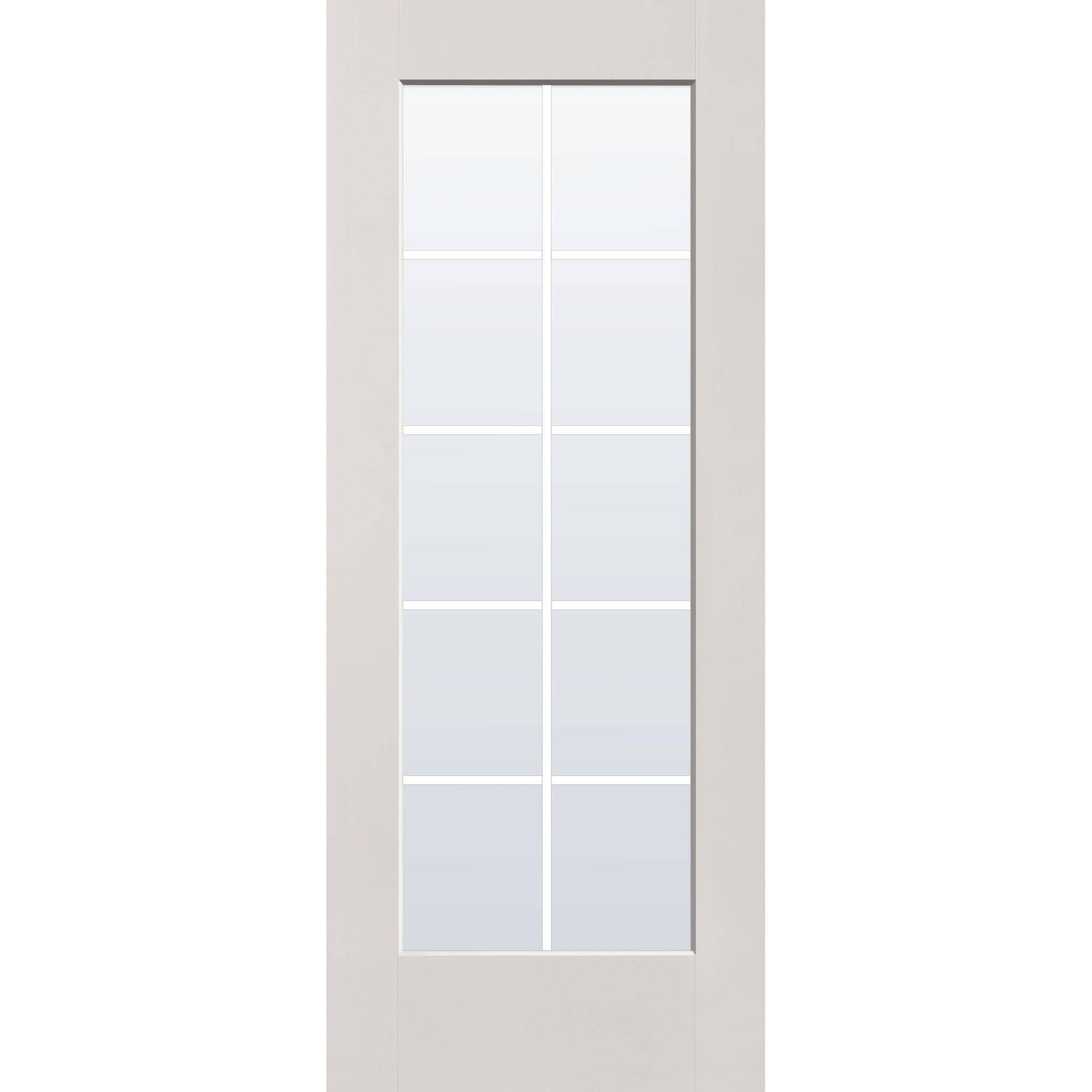 10 light grille flush glazed hurricane-rated fiberglass entry door, full lite, 32" x 80", white satin smooth finish, white grilles between glass