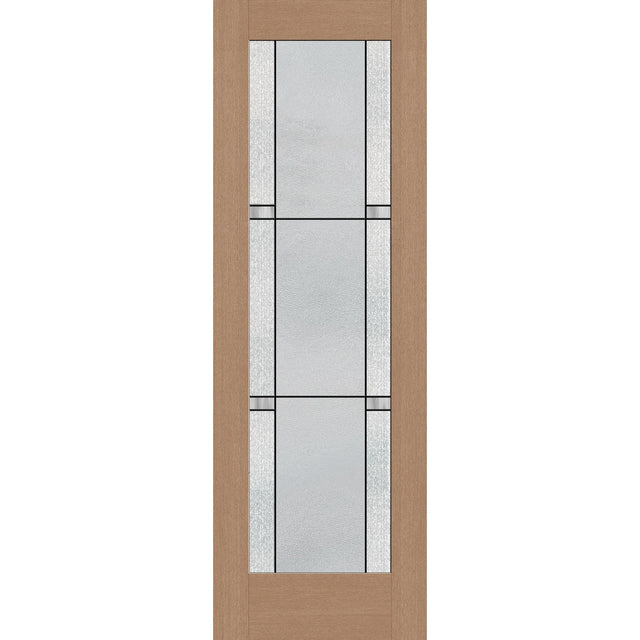 Dexter flush glazed hurricane-rated fiberglass entry door, full lite, 32" x 96", tan woodgrain finish, Black Aluminum caming