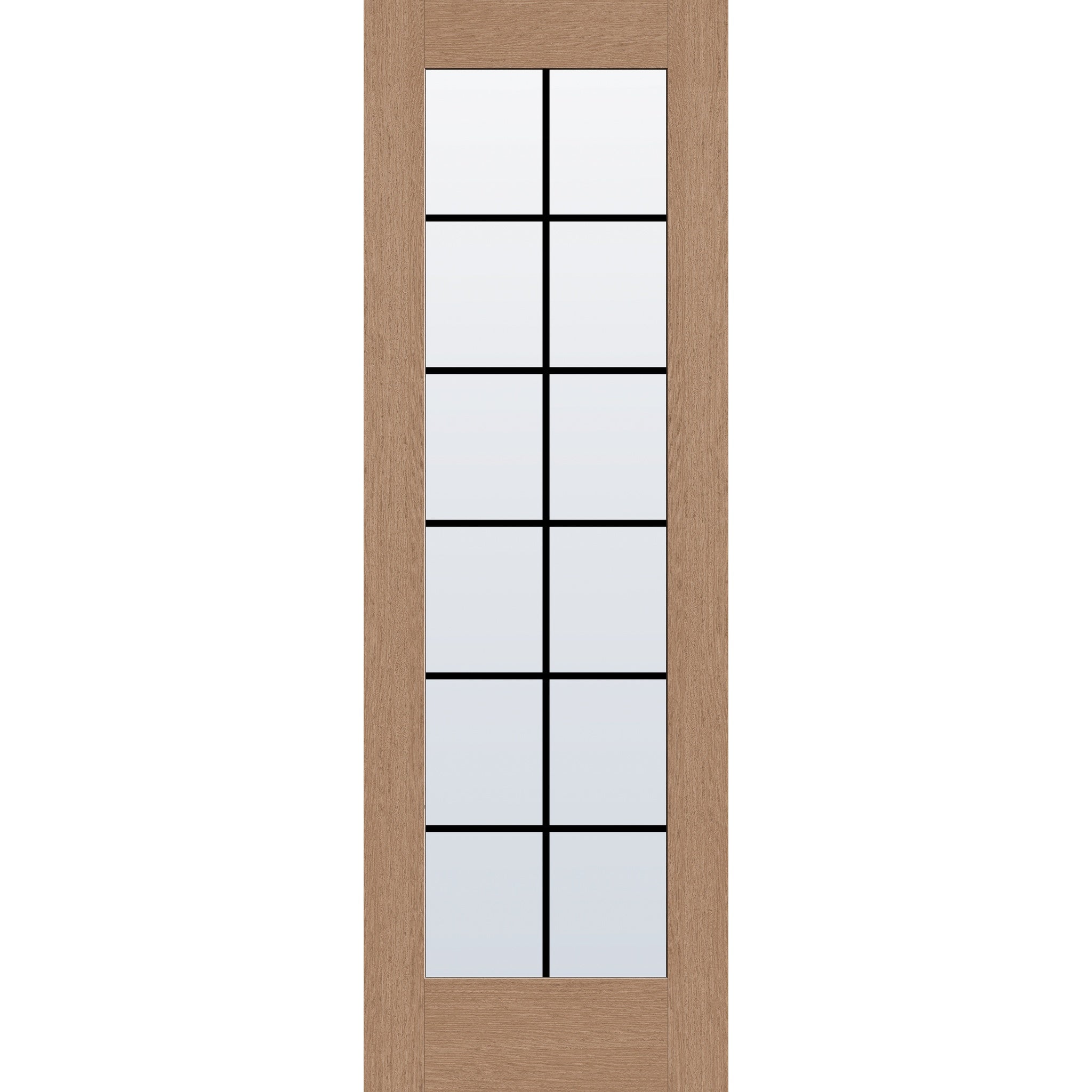 12 light grille flush glazed hurricane-rated fiberglass entry door, full lite, 32" x 96", tan woodgrain finish, black grilles between glass