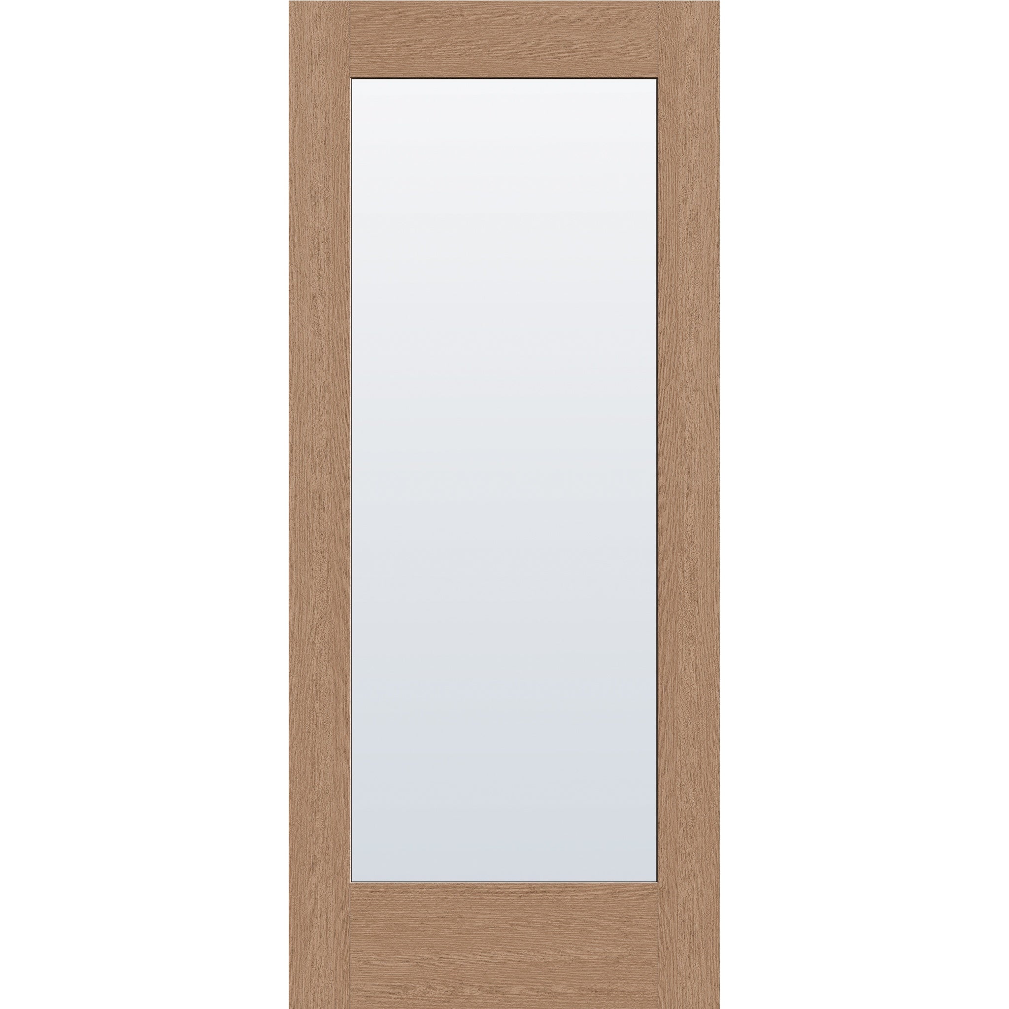 Clear flush glazed hurricane-rated fiberglass entry door, full lite, 34" x 80", tan woodgrain finish