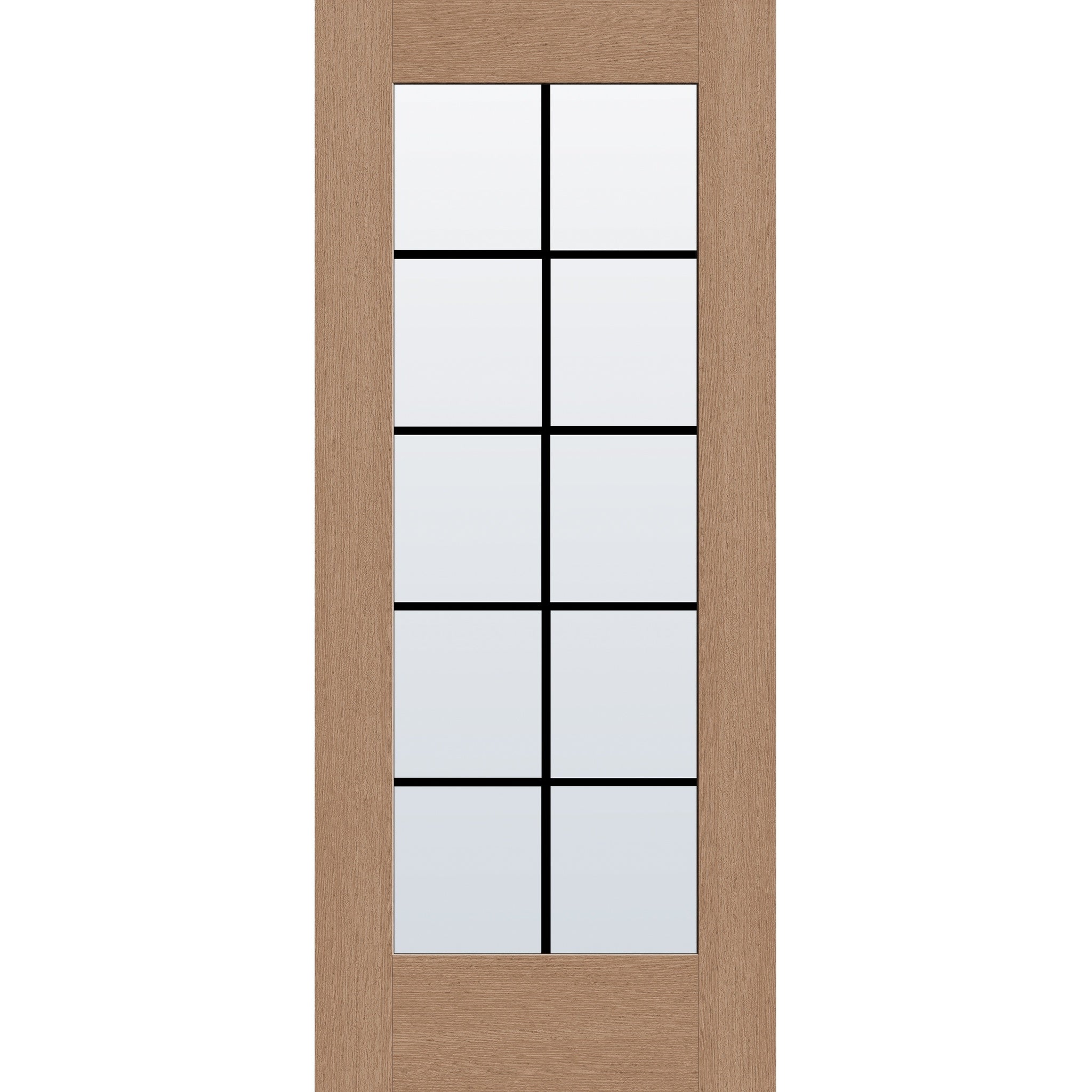 10 light grille flush glazed hurricane-rated fiberglass entry door, full lite, 34" x 80", tan woodgrain finish, black grilles between glass