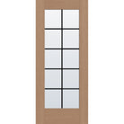10 light grille flush glazed hurricane-rated fiberglass entry door, full lite, 34" x 80", tan woodgrain finish, black grilles between glass