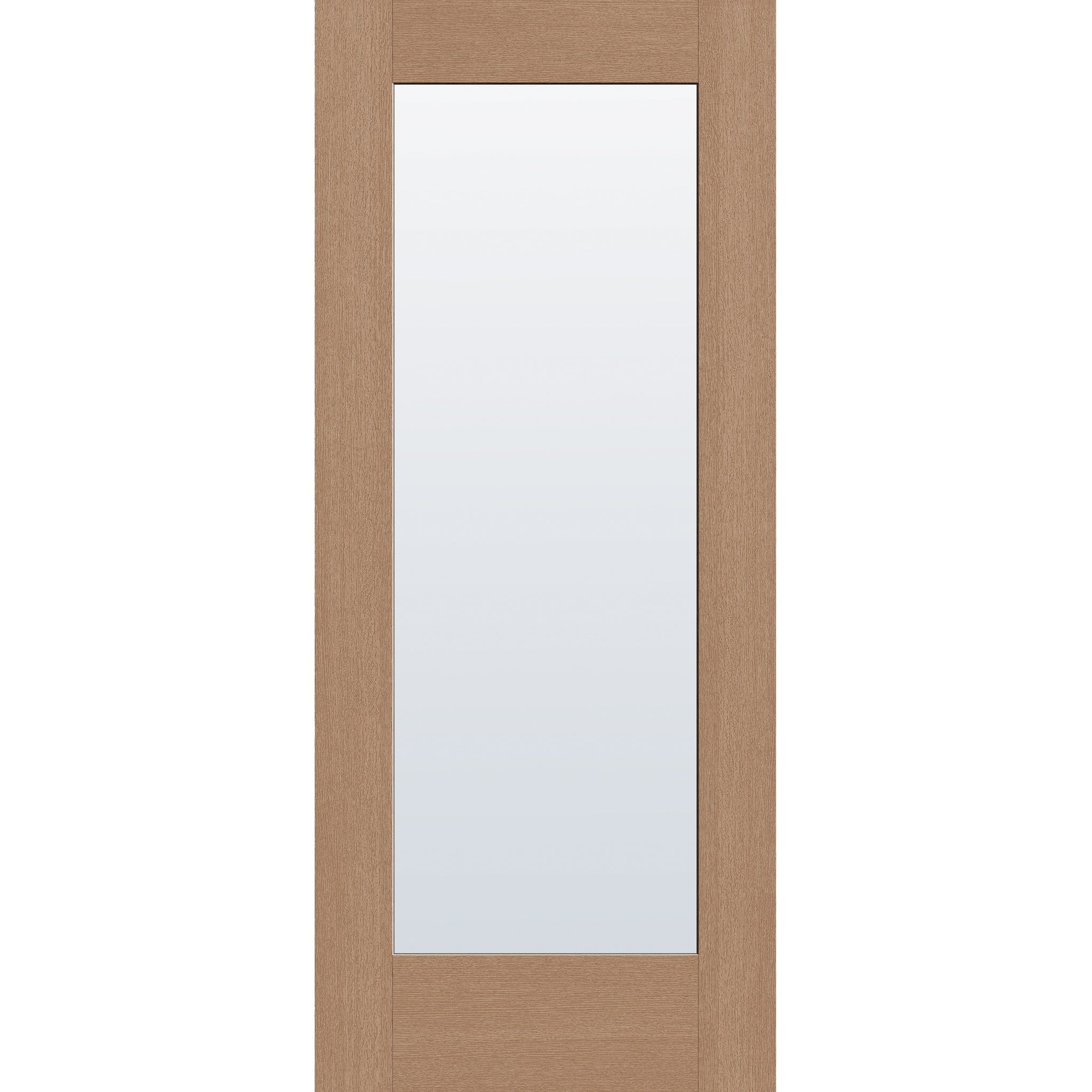 Clear flush glazed fiberglass entry door, full lite, 34" x 80", tan woodgrain finish
