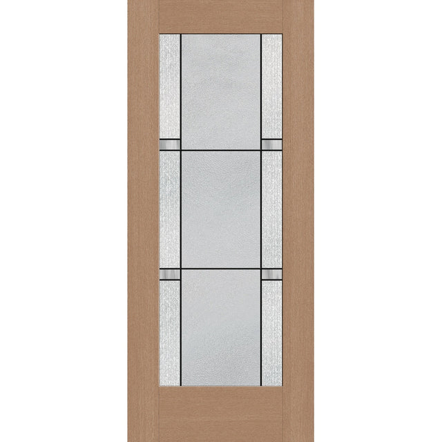 Dexter flush glazed fiberglass entry door, full lite, 34" x 80", tan woodgrain finish, Black Aluminum caming
