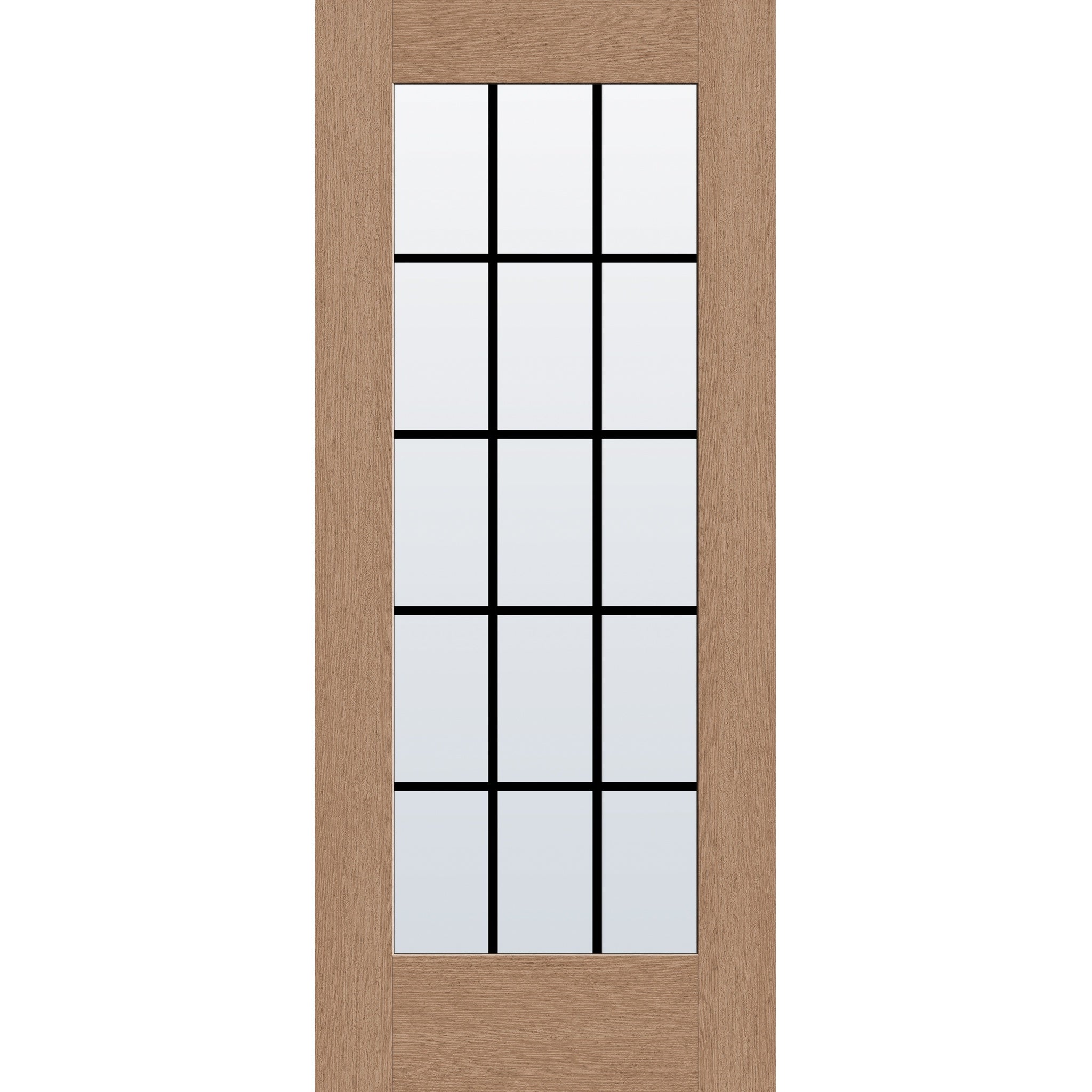 15 light grille flush glazed fiberglass entry door, full lite, 34" x 80", tan woodgrain finish, black grilles between glass