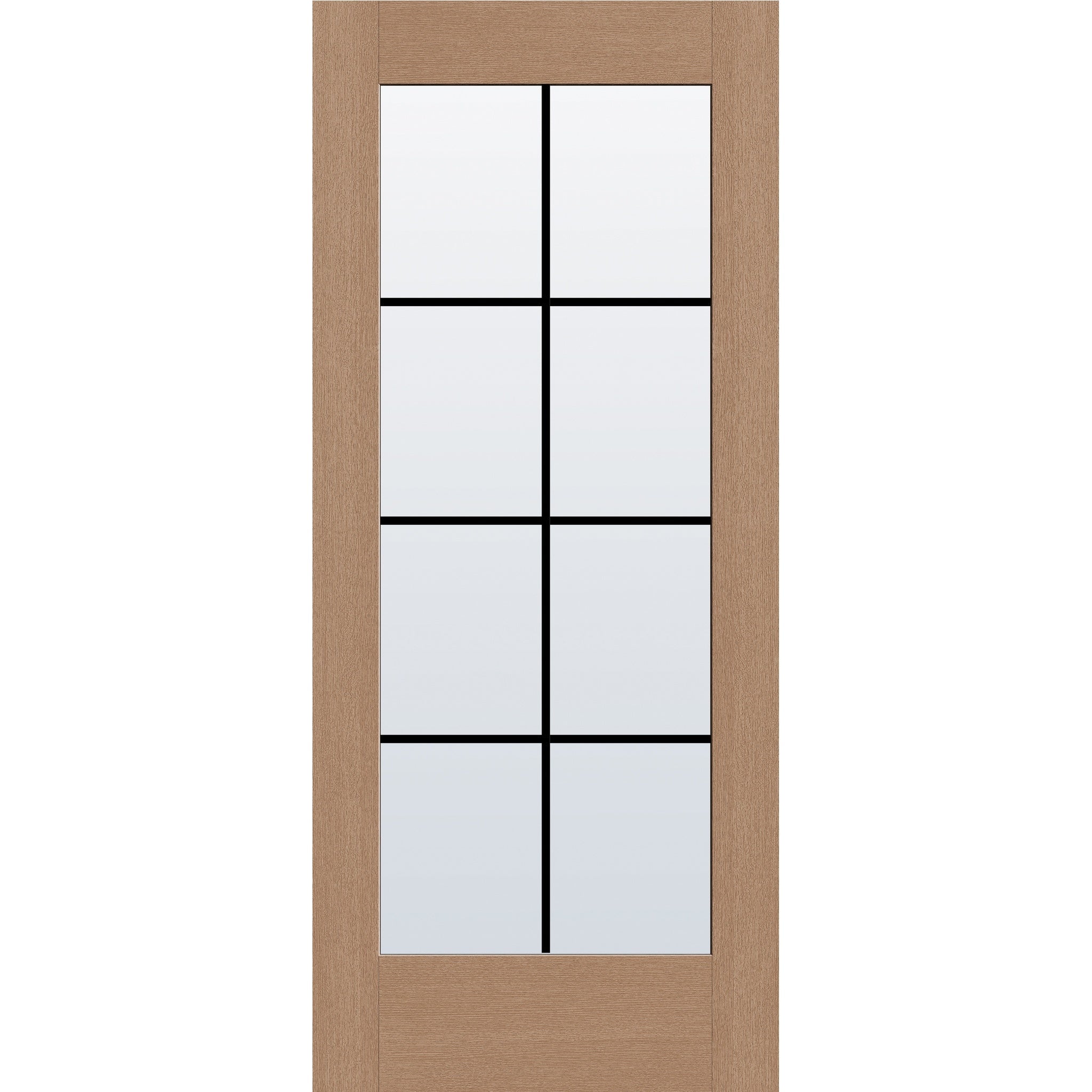 8 light grille flush glazed fiberglass entry door, full lite, 34" x 80", tan woodgrain finish, black grilles between glass