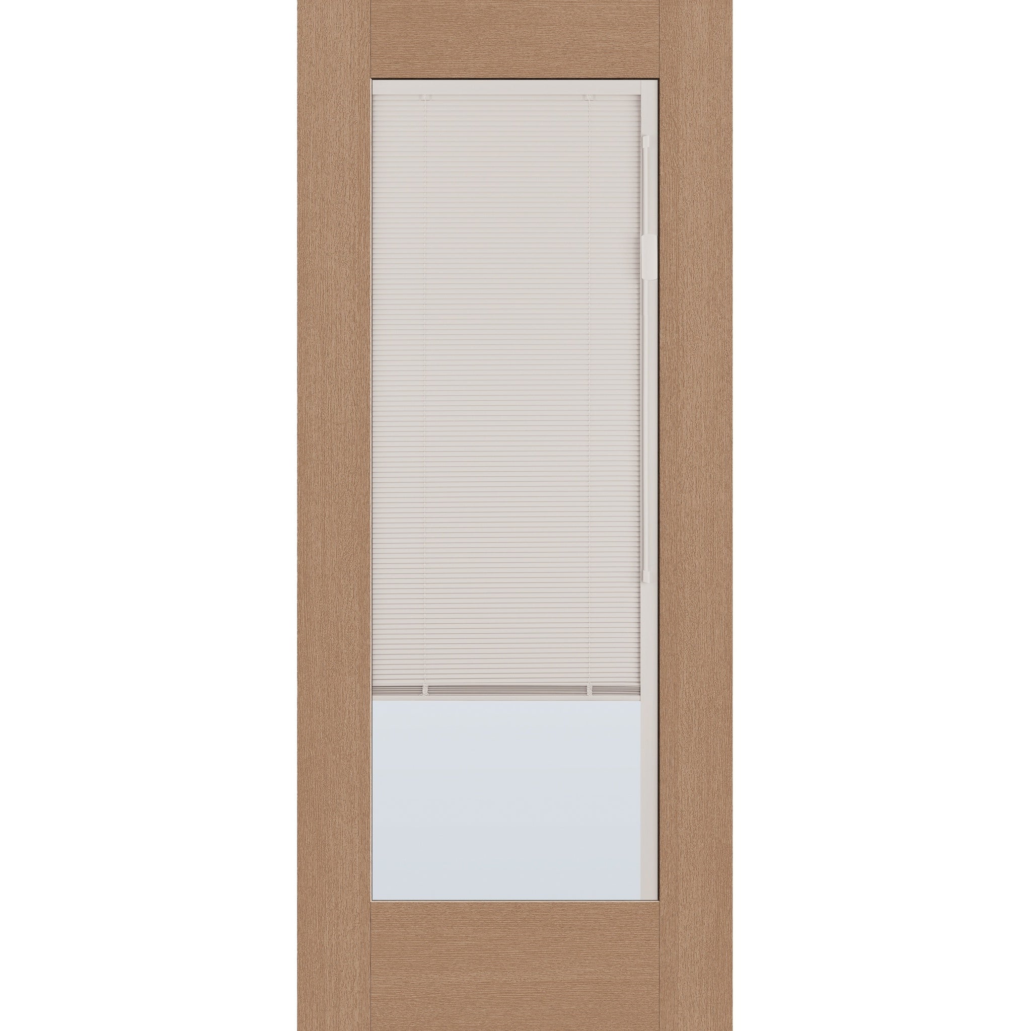 Raise & Lower Blinds flush glazed fiberglass entry door, full lite, 34" x 80", tan woodgrain finish, white blinds