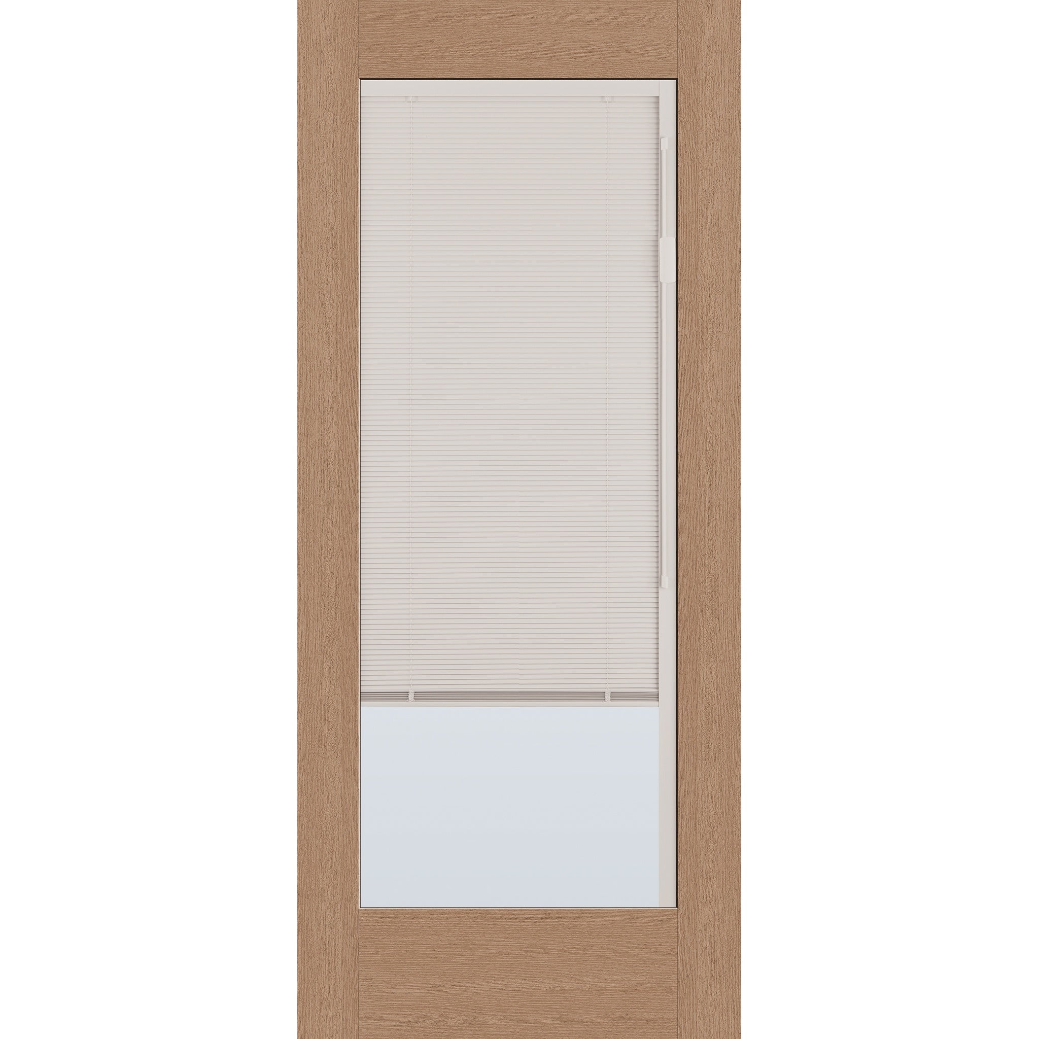 Raise & Lower Blinds flush glazed fiberglass entry door, full lite, 34" x 80", tan woodgrain finish, white blinds