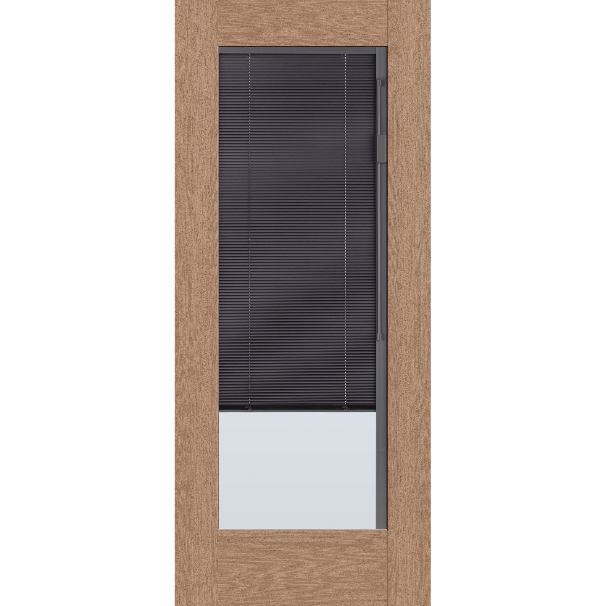 Raise & Lower Blinds flush glazed fiberglass entry door, full lite, 34" x 80", tan woodgrain finish, slate blinds