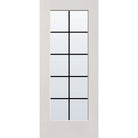 10 light grille flush glazed hurricane-rated fiberglass entry door, full lite, 34" x 80", white satin smooth finish, black grilles between glass