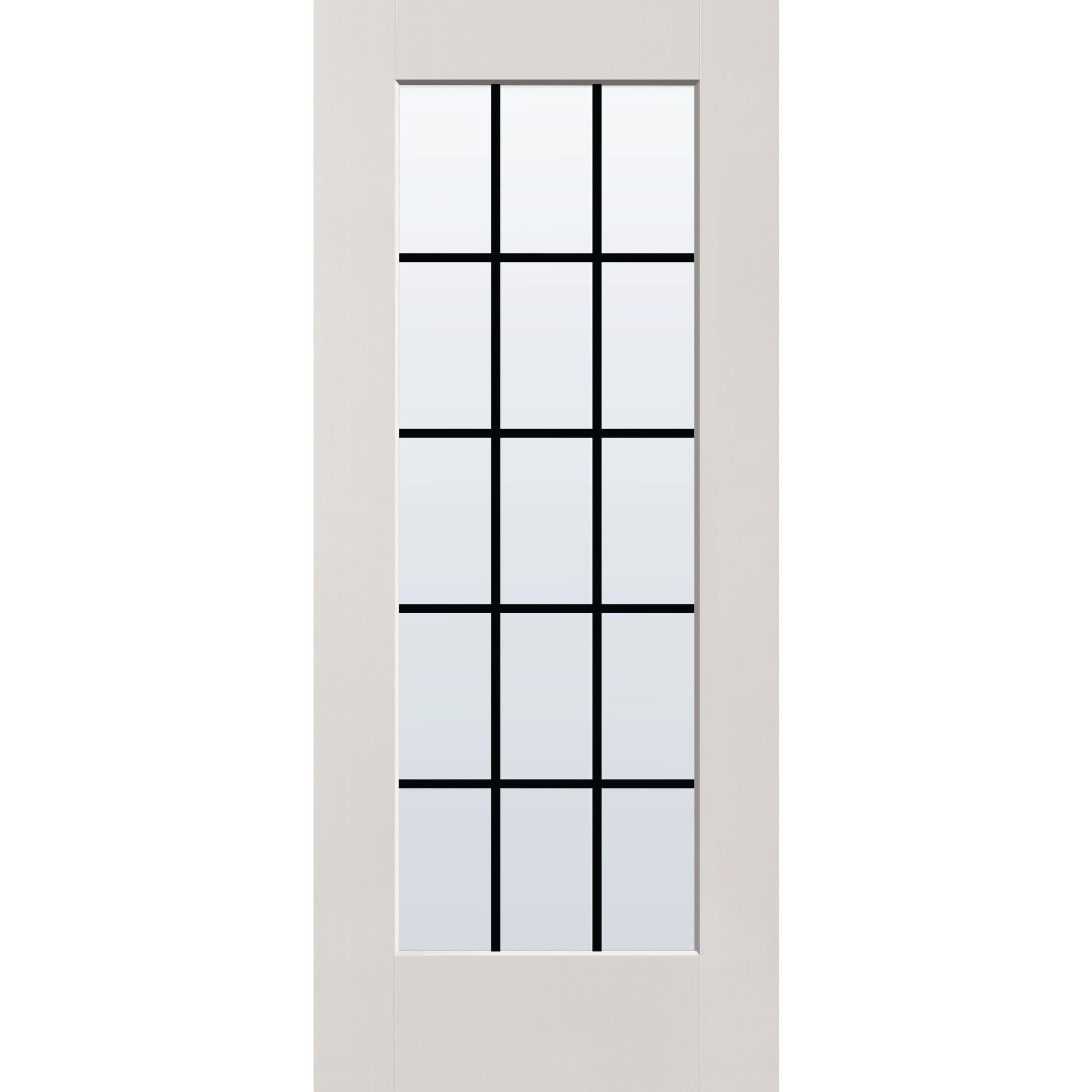 15 light grille flush glazed hurricane-rated fiberglass entry door, full lite, 34" x 80", white satin smooth finish, black grilles between glass