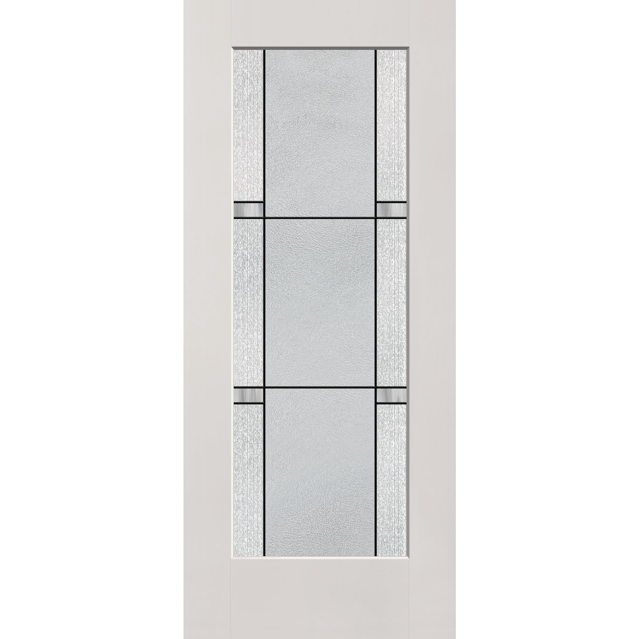 Dexter flush glazed fiberglass entry door, full lite, 34" x 80", white satin smooth finish, Black Aluminum caming