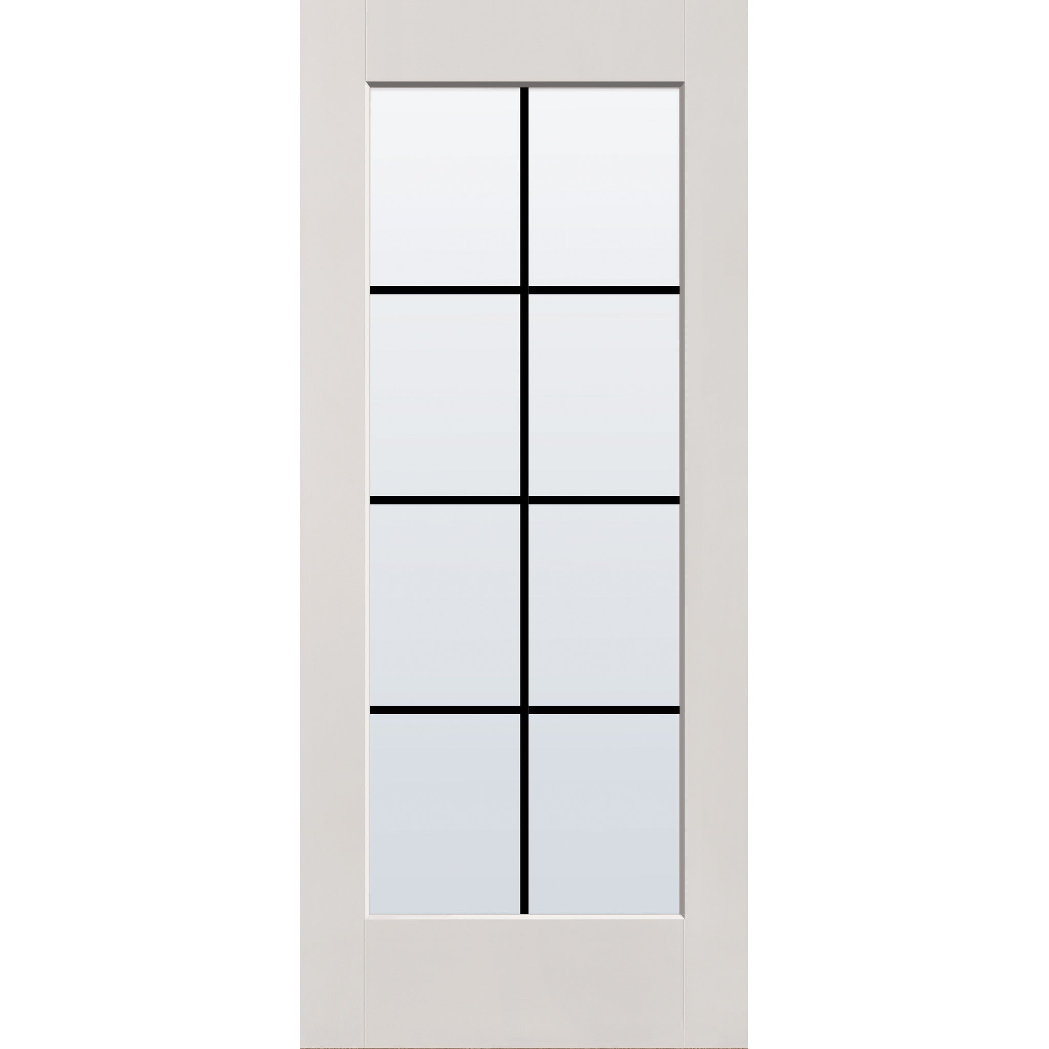 8 light grille flush glazed fiberglass entry door, full lite, 34" x 80", white satin smooth finish, black grilles between glass