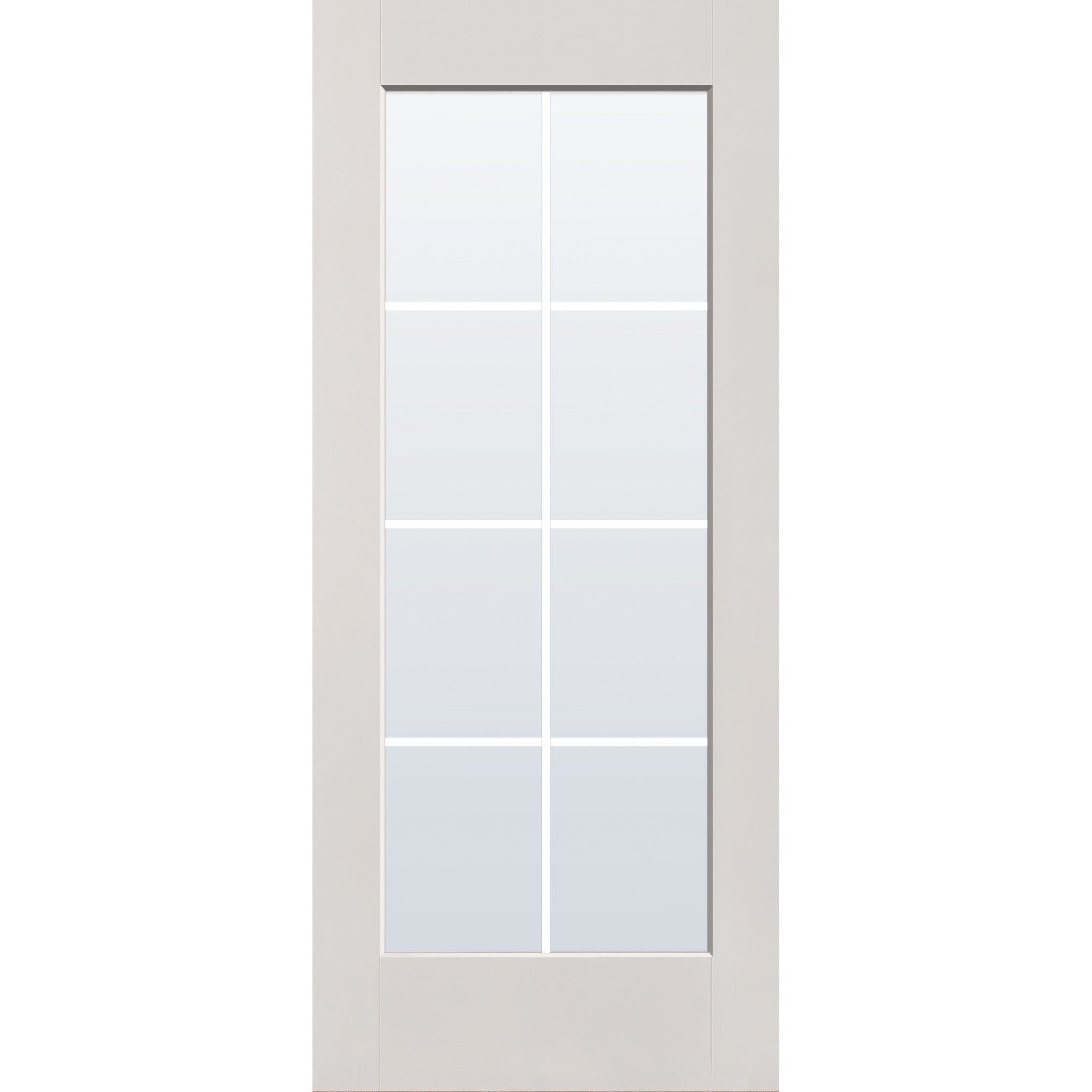 8 light grille flush glazed fiberglass entry door, full lite, 34" x 80", white satin smooth finish, white grilles between glass