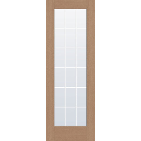18 light grille flush glazed hurricane-rated fiberglass entry door, full lite, 34" x 96", tan woodgrain finish, white grilles between glass