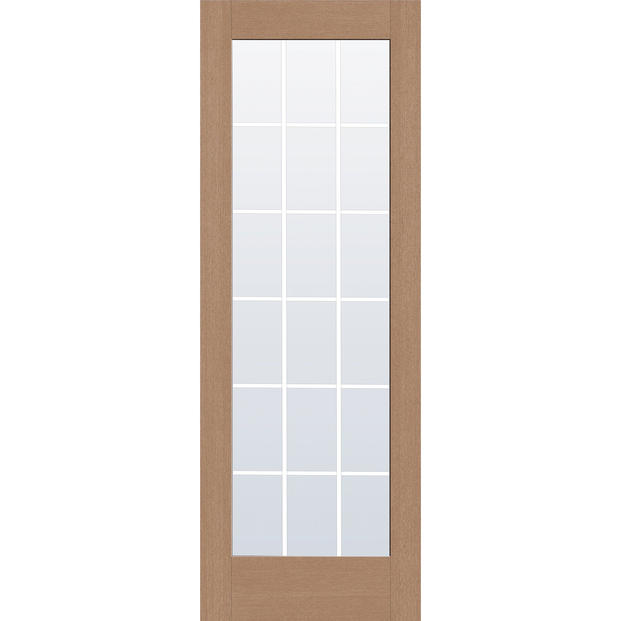 18 light grille flush glazed hurricane-rated fiberglass entry door, full lite, 34" x 96", tan woodgrain finish, white grilles between glass