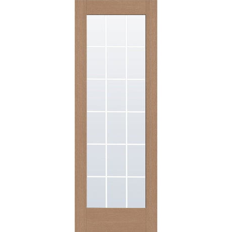 18 light grille flush glazed hurricane-rated fiberglass entry door, full lite, 34" x 96", tan woodgrain finish, white grilles between glass