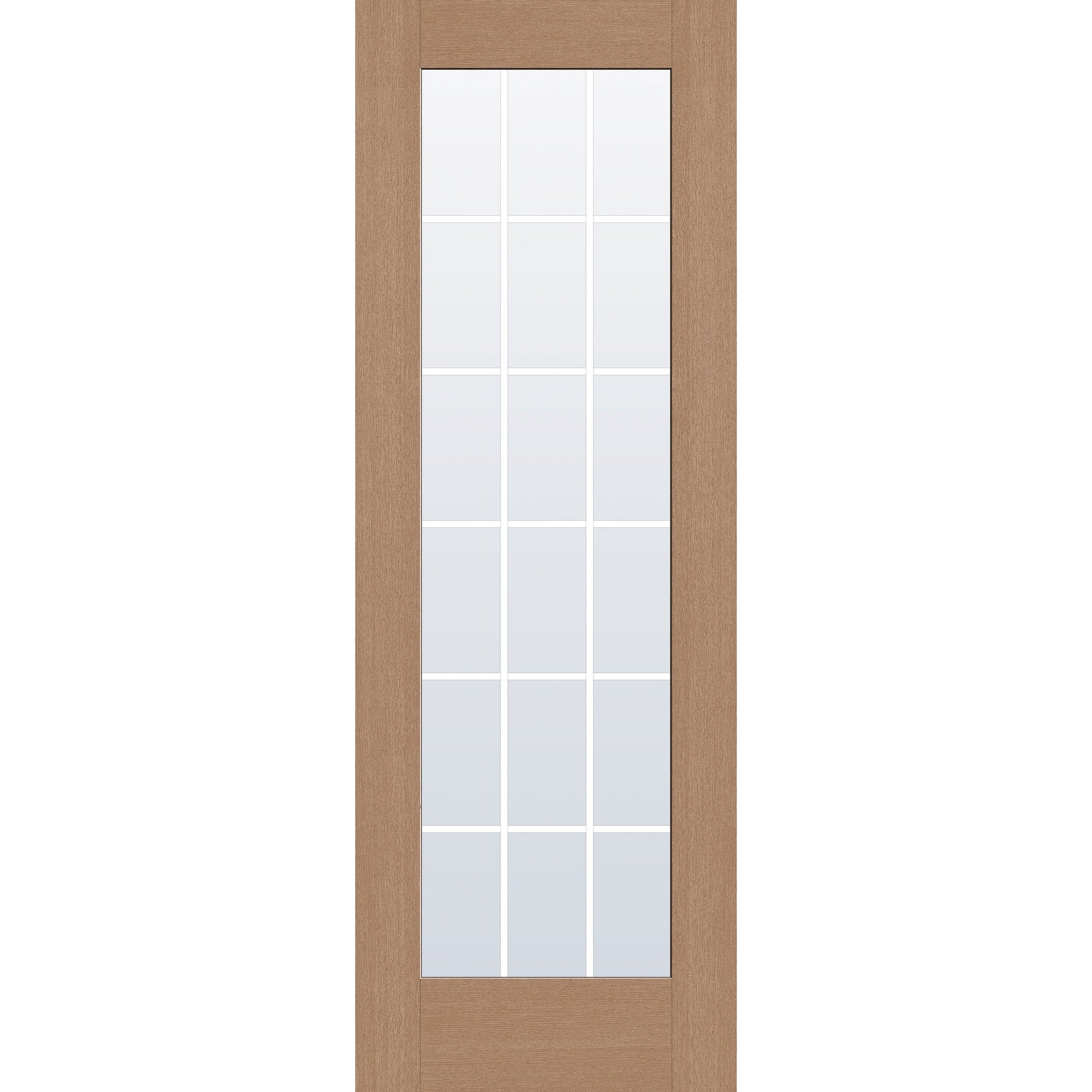 18 light grille flush glazed fiberglass entry door, full lite, 34" x 96", tan woodgrain finish, white grilles between glass