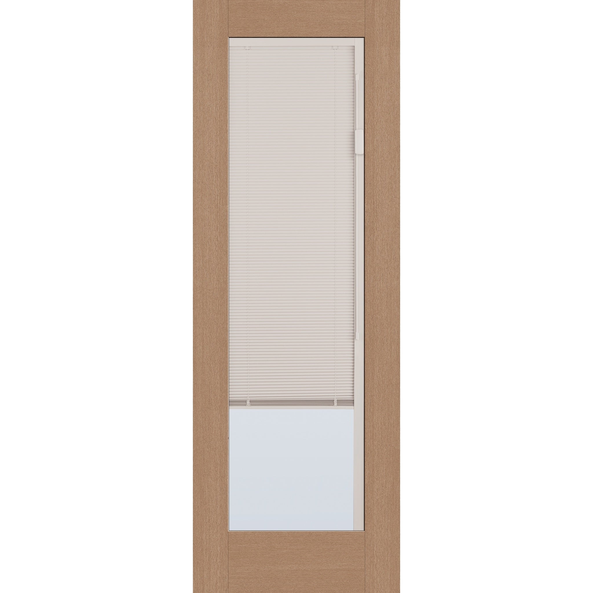 Raise & Lower Blinds flush glazed fiberglass entry door, full lite, 34" x 96", tan woodgrain finish, white blinds