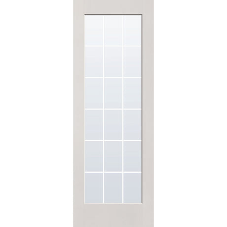 18 light grille flush glazed hurricane-rated fiberglass entry door, full lite, 34" x 96", white satin smooth finish, white grilles between glass