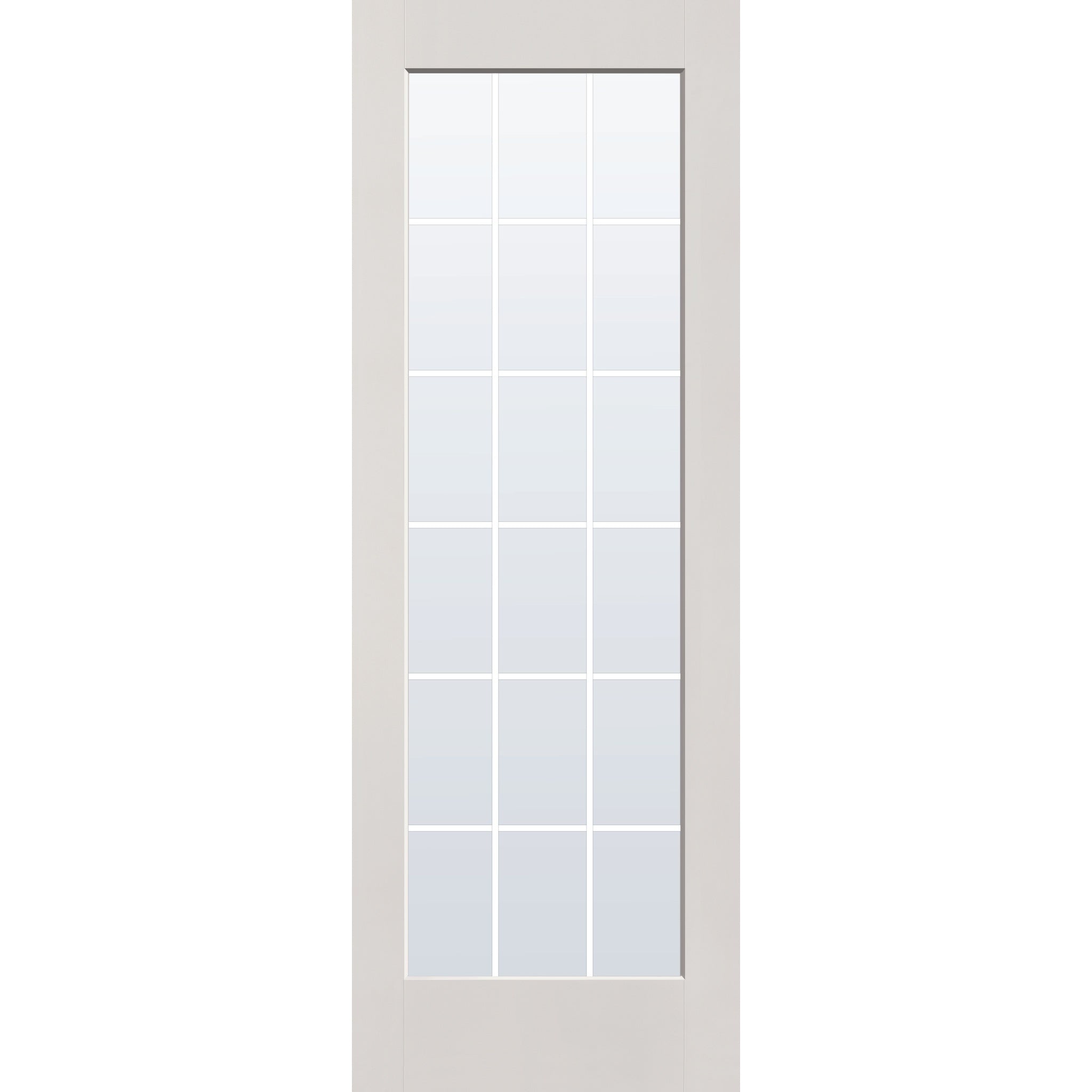 18 light grille flush glazed hurricane-rated fiberglass entry door, full lite, 34" x 96", white satin smooth finish, white grilles between glass
