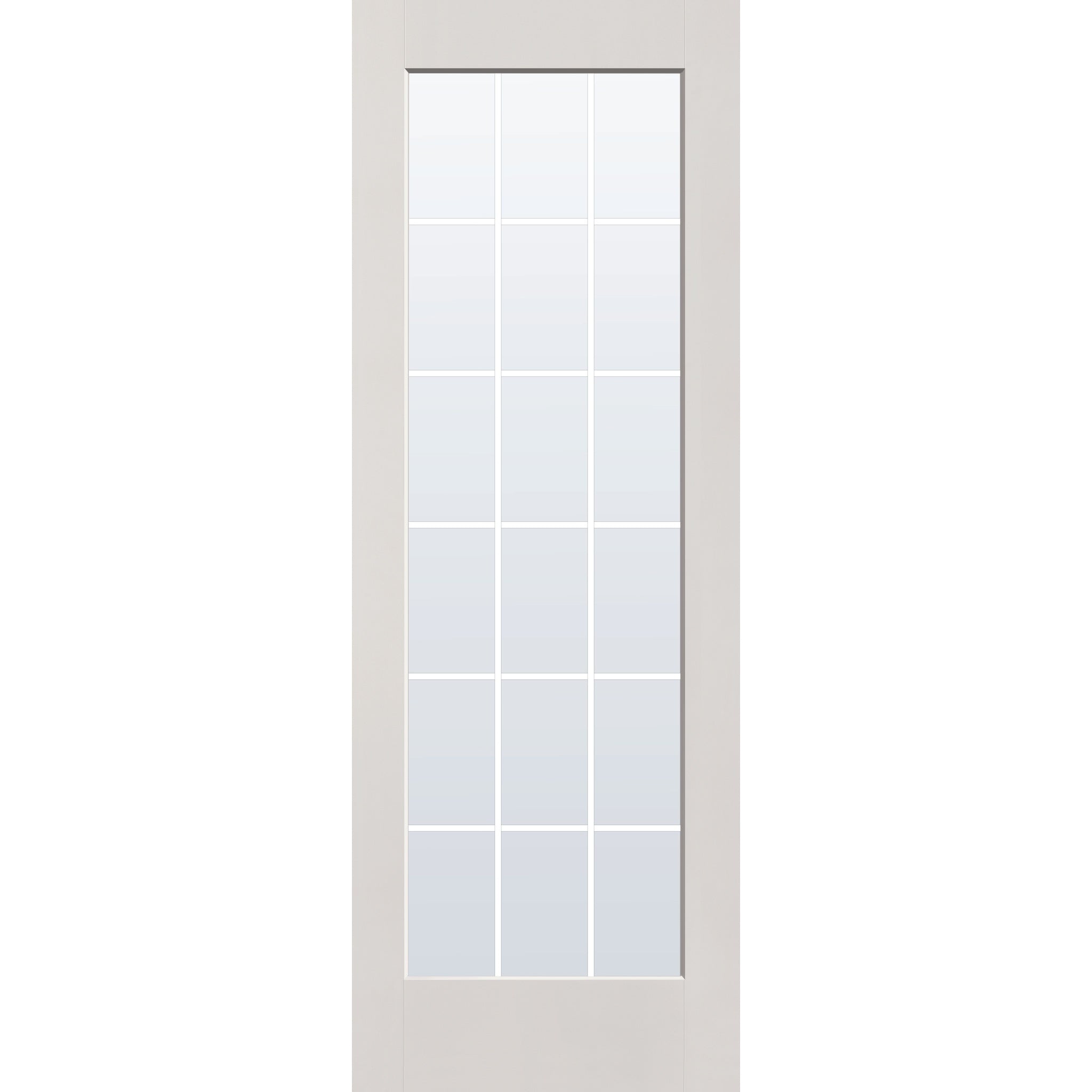18 light grille flush glazed hurricane-rated fiberglass entry door, full lite, 34" x 96", white satin smooth finish, white grilles between glass