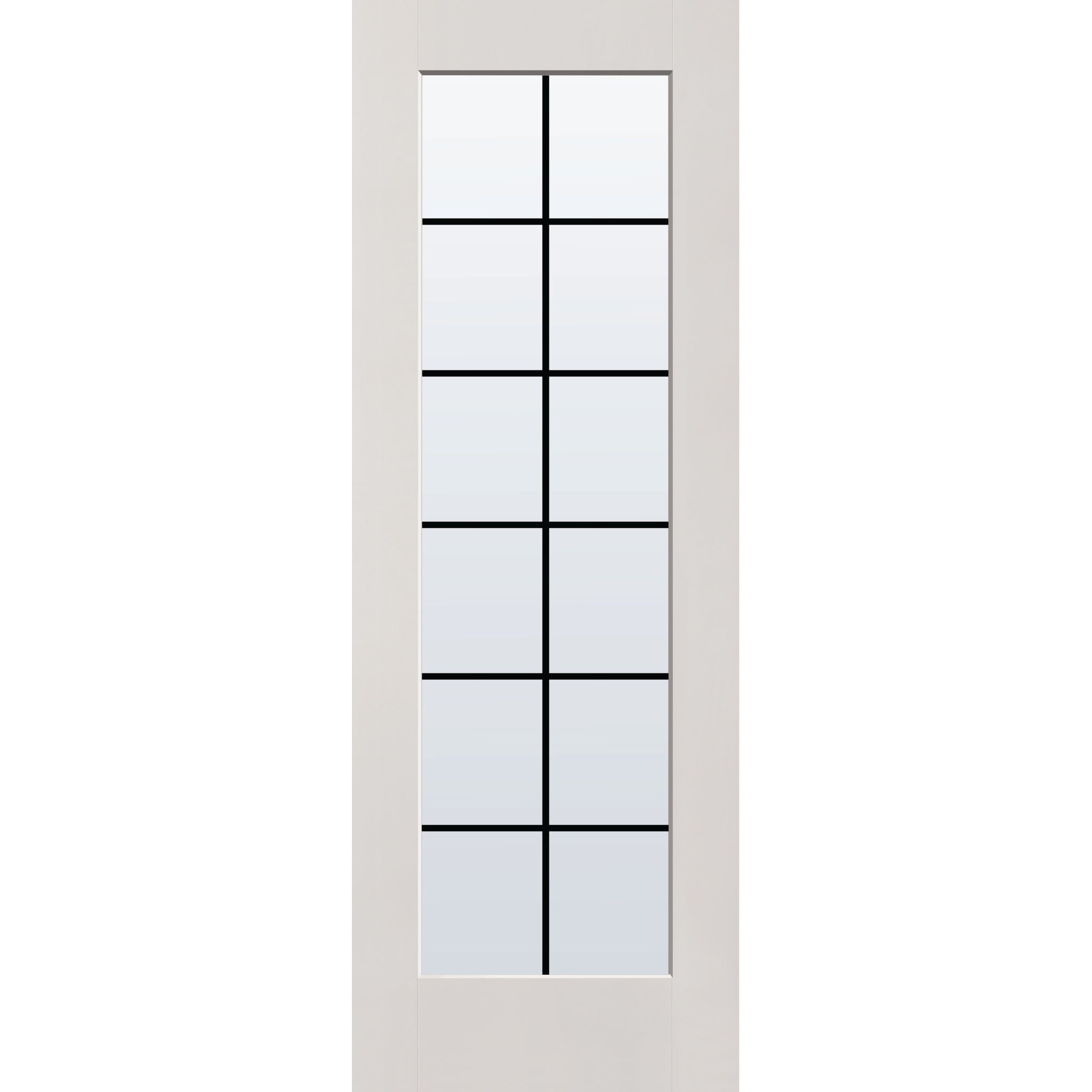 12 light grille flush glazed fiberglass entry door, full lite, 34" x 96", white satin smooth finish, black grilles between glass