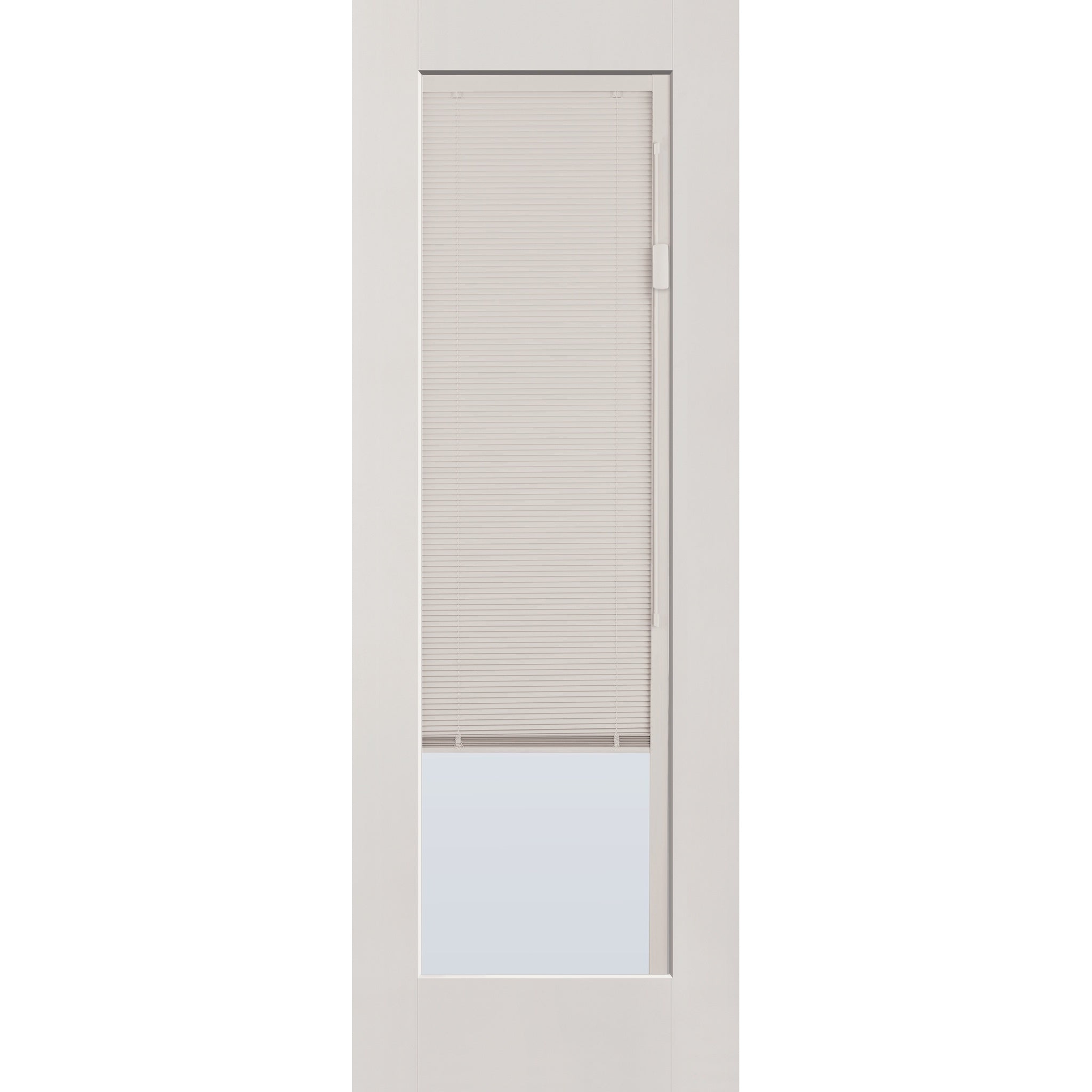Raise & Lower Blinds flush glazed fiberglass entry door, full lite, 34" x 96", white satin smooth finish, white blinds