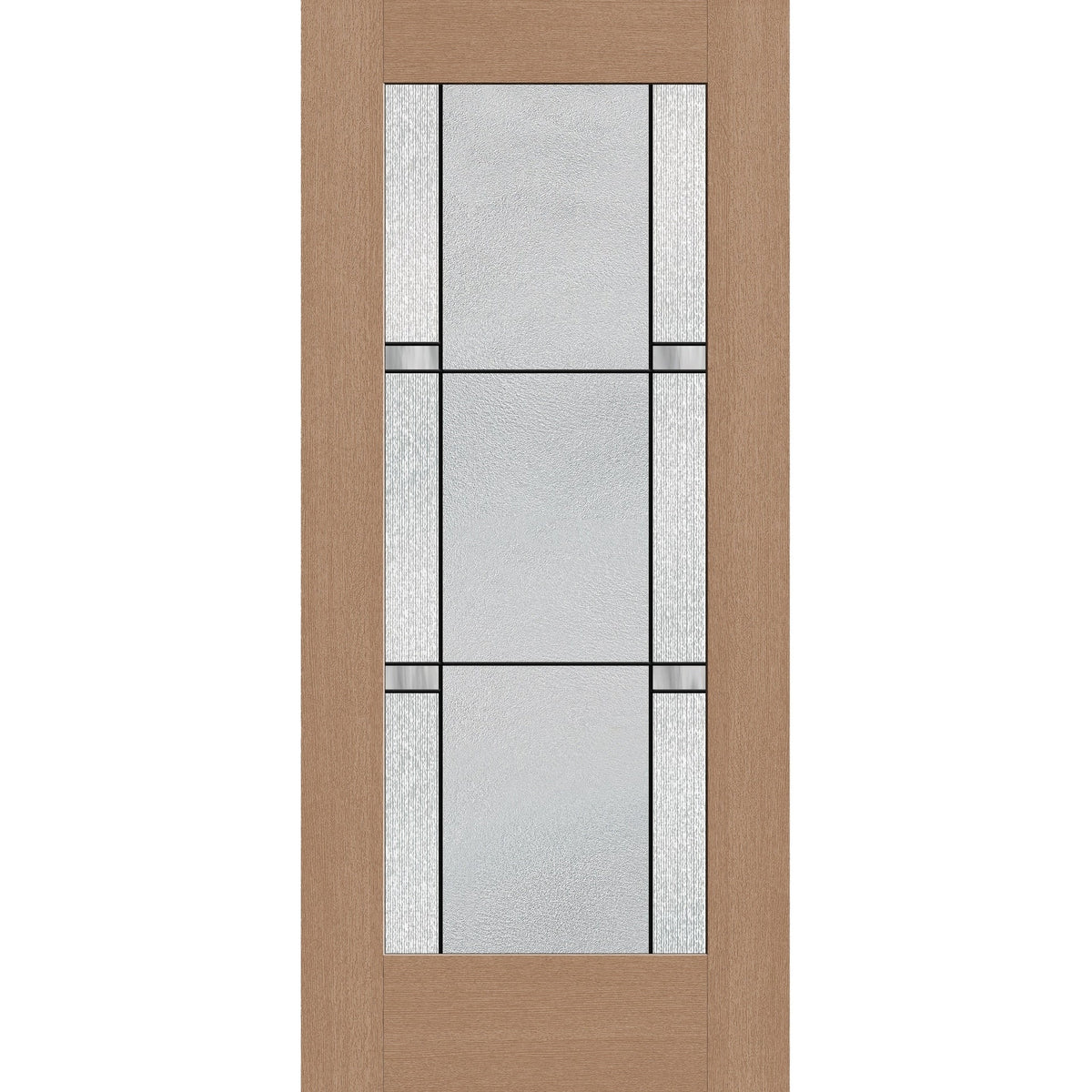 Dexter flush glazed hurricane-rated fiberglass entry door, full lite, 36" x 80", tan woodgrain finish, Black Aluminum caming