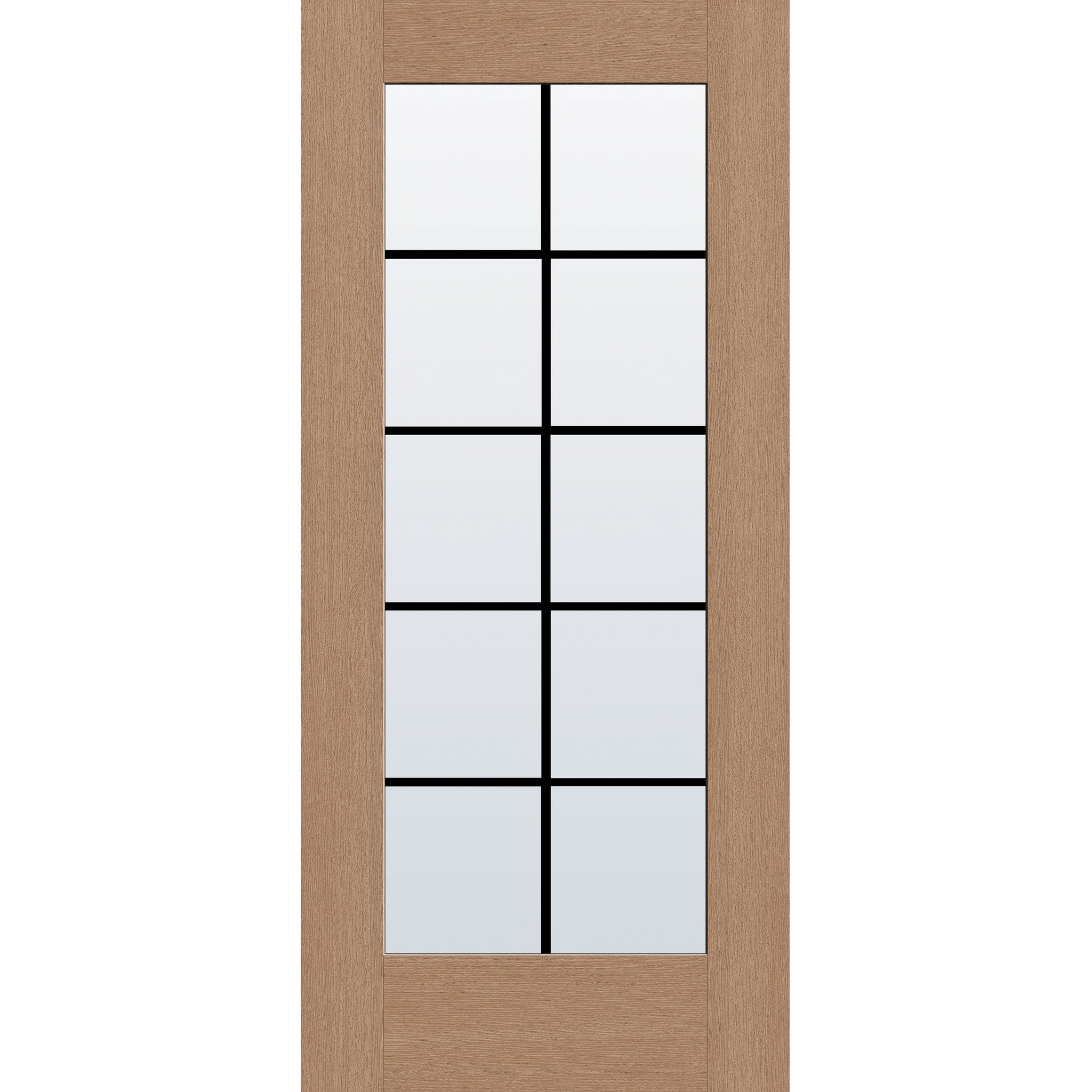 10 light grille flush glazed fiberglass entry door, full lite, 36" x 80", tan woodgrain finish, black grilles between glass