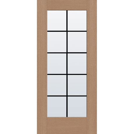 10 light grille flush glazed fiberglass entry door, full lite, 36" x 80", tan woodgrain finish, black grilles between glass
