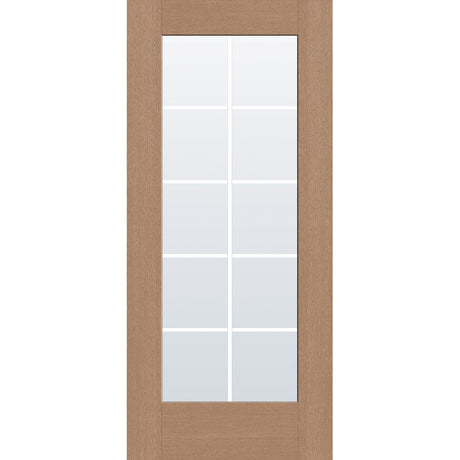 10 light grille flush glazed fiberglass entry door, full lite, 36" x 80", tan woodgrain finish, white grilles between glass