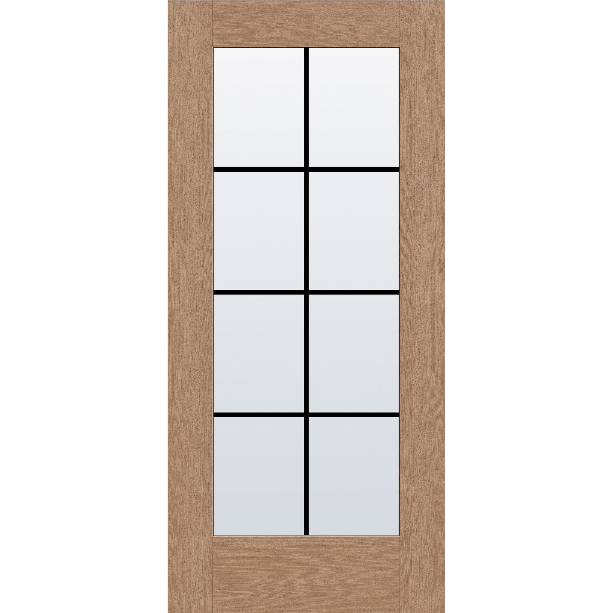 8 light grille flush glazed fiberglass entry door, full lite, 36" x 80", tan woodgrain finish, black grilles between glass