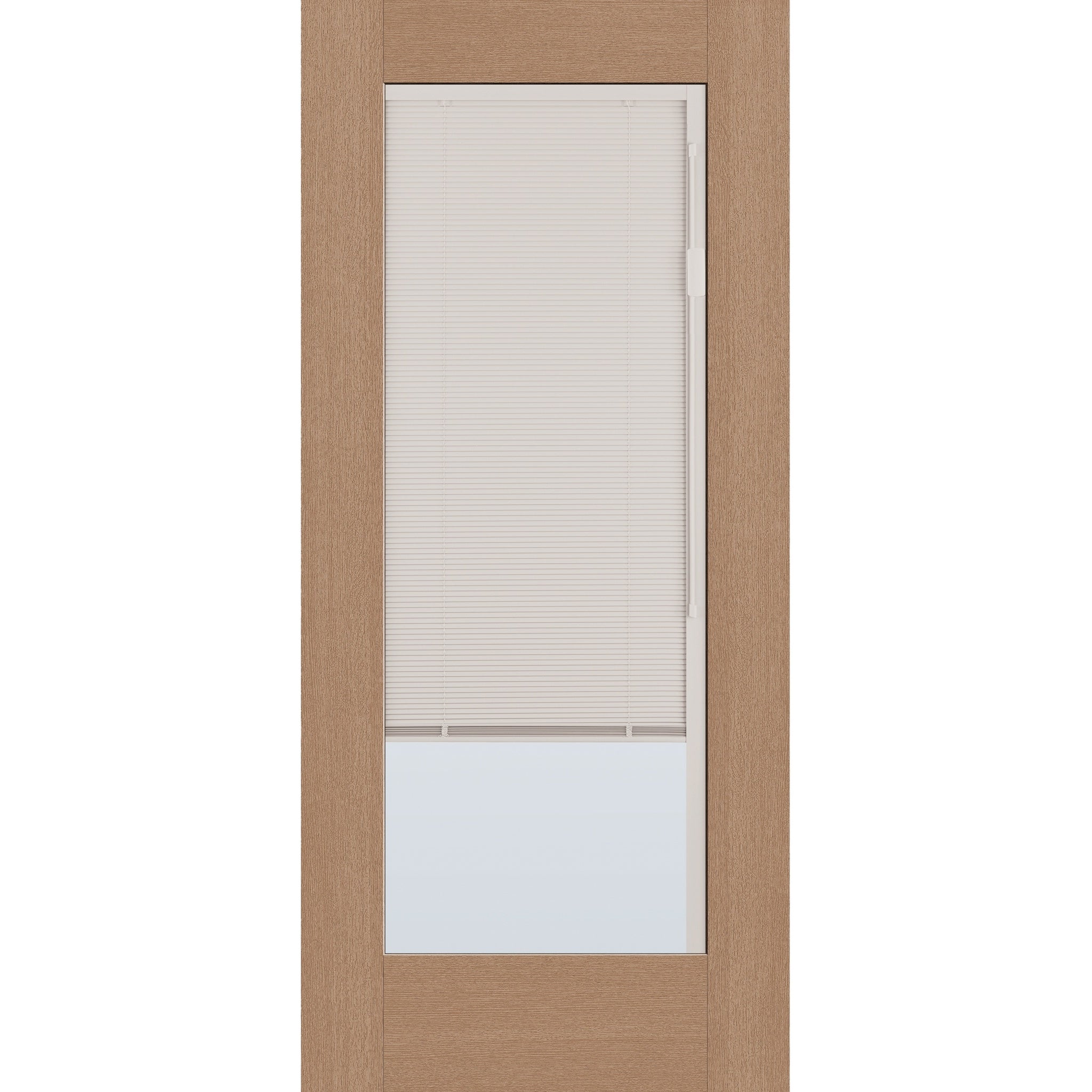 Raise & Lower Blinds flush glazed fiberglass entry door, full lite, 36" x 80", tan woodgrain finish, white blinds