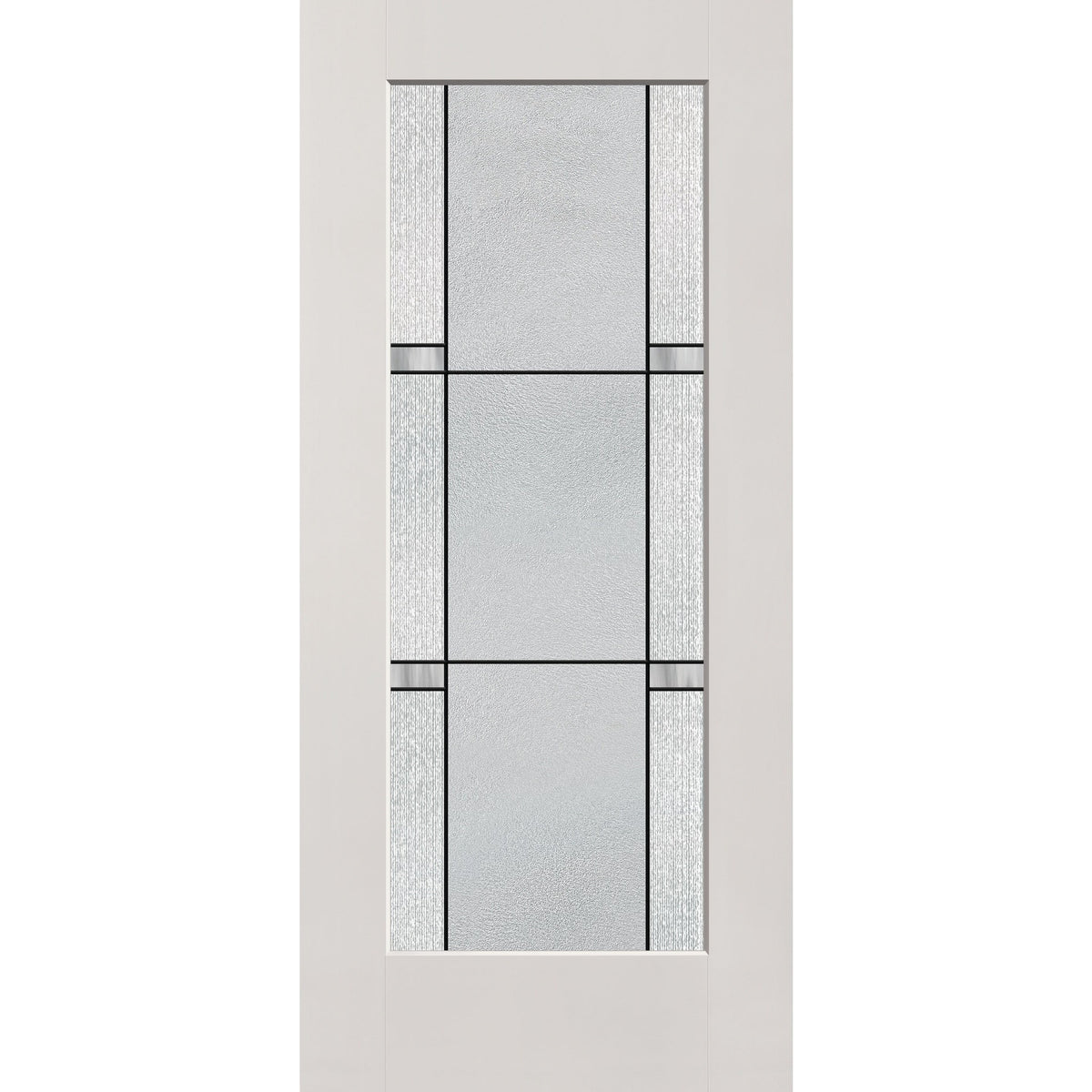 Dexter flush glazed hurricane-rated fiberglass entry door, full lite, 36" x 80", white satin smooth finish, Black Aluminum caming
