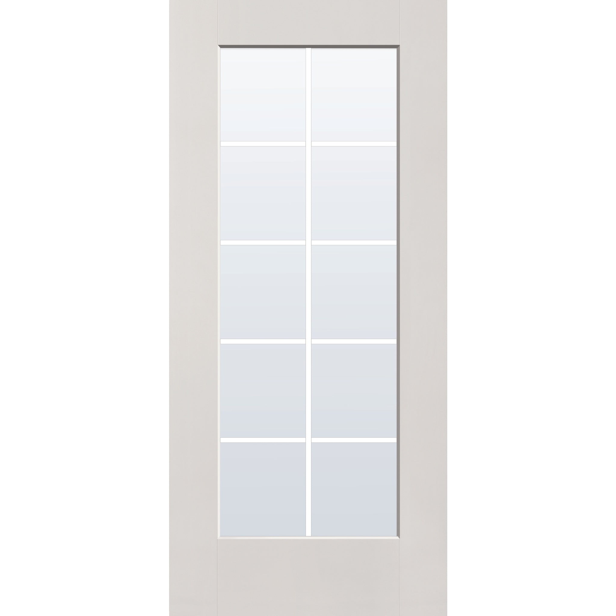 10 light grille flush glazed hurricane-rated fiberglass entry door, full lite, 36" x 80", white satin smooth finish, black grilles between glass