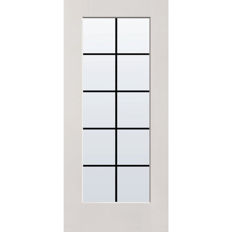 10 light grille flush glazed hurricane-rated fiberglass entry door, full lite, 36" x 80", white satin smooth finish, black grilles between glass
