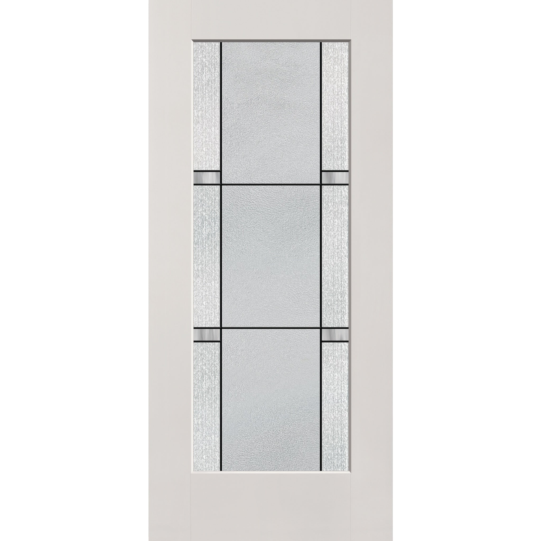 Dexter flush glazed fiberglass entry door, full lite, 36" x 80", white satin smooth finish, Black Aluminum caming