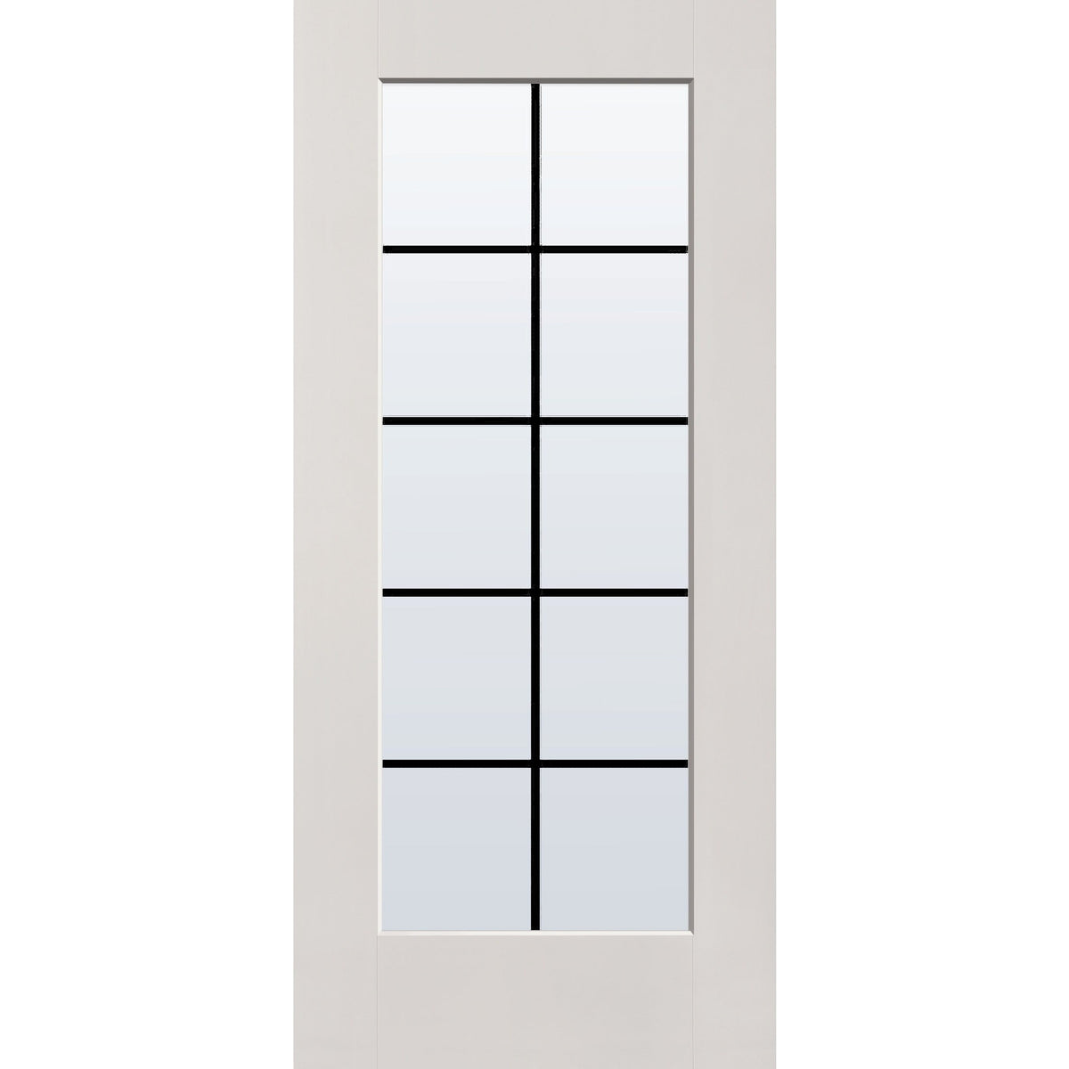 10 light grille flush glazed fiberglass entry door, full lite, 36" x 80", white satin smooth finish, black grilles between glass